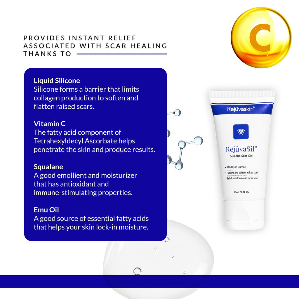 Rejuvaskin Rejuvasil Silicone Scar Gel - Scar Treatment for Surgical Scars for Face, Body, Burn, Keloids, and Acne Scar - Silico