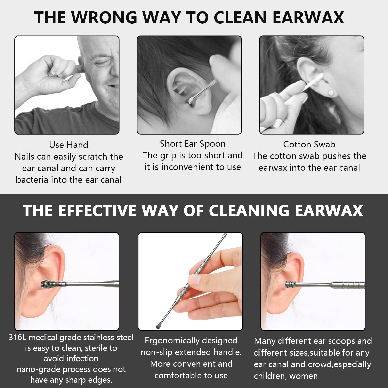 8 Pcs Ear Wax Removal Kit,Professional Double-Headed Ear Pick Earwax Removal Tools,316L Stainless Steel Ear Cleaner Curette with