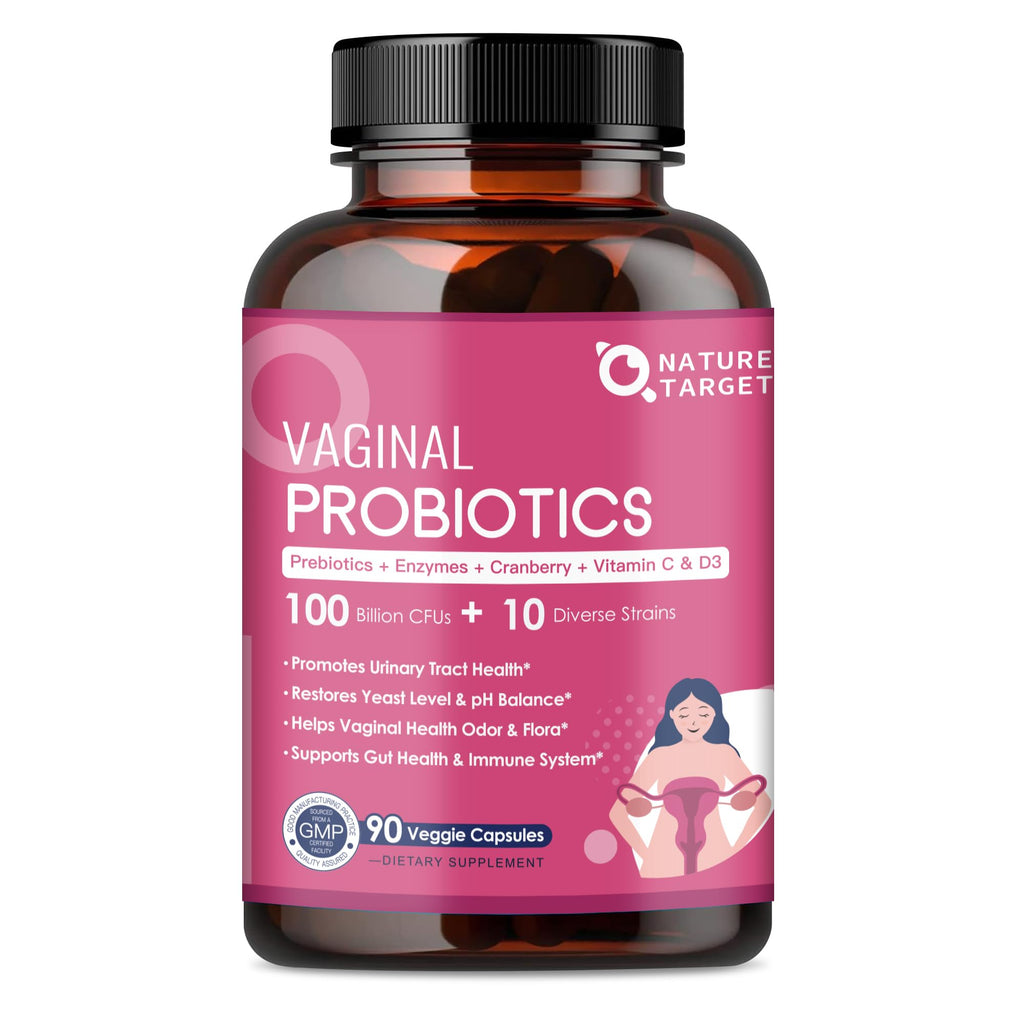 NATURE TARGET Vaginal Womens Probiotics, 100 Billion CFUs Probiotics & Prebiotics with Digestive Enzymes, Cranberry & D-Mannose 