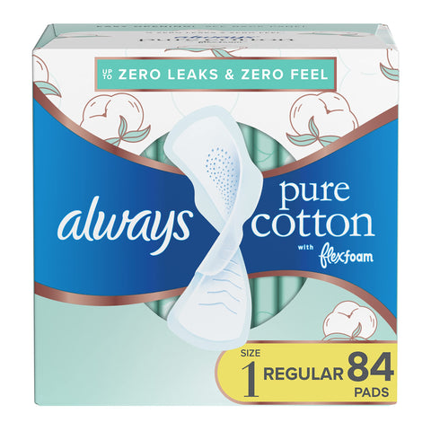 Always Pure Cotton, Feminine Pads For Women, Size 1 Regular Absorbency, Multipack, With Flexfoam, With Wings, Unscented, 28 Coun