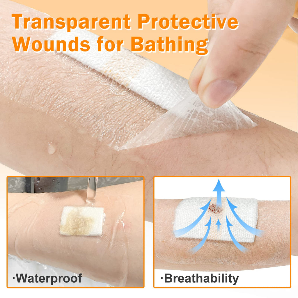Carbou Transparent Film Dressing,4 x 4.75 Pack of 50 Waterproof Wound Bandage Adhesive Patches,Post Surgical Shower or IV Shield