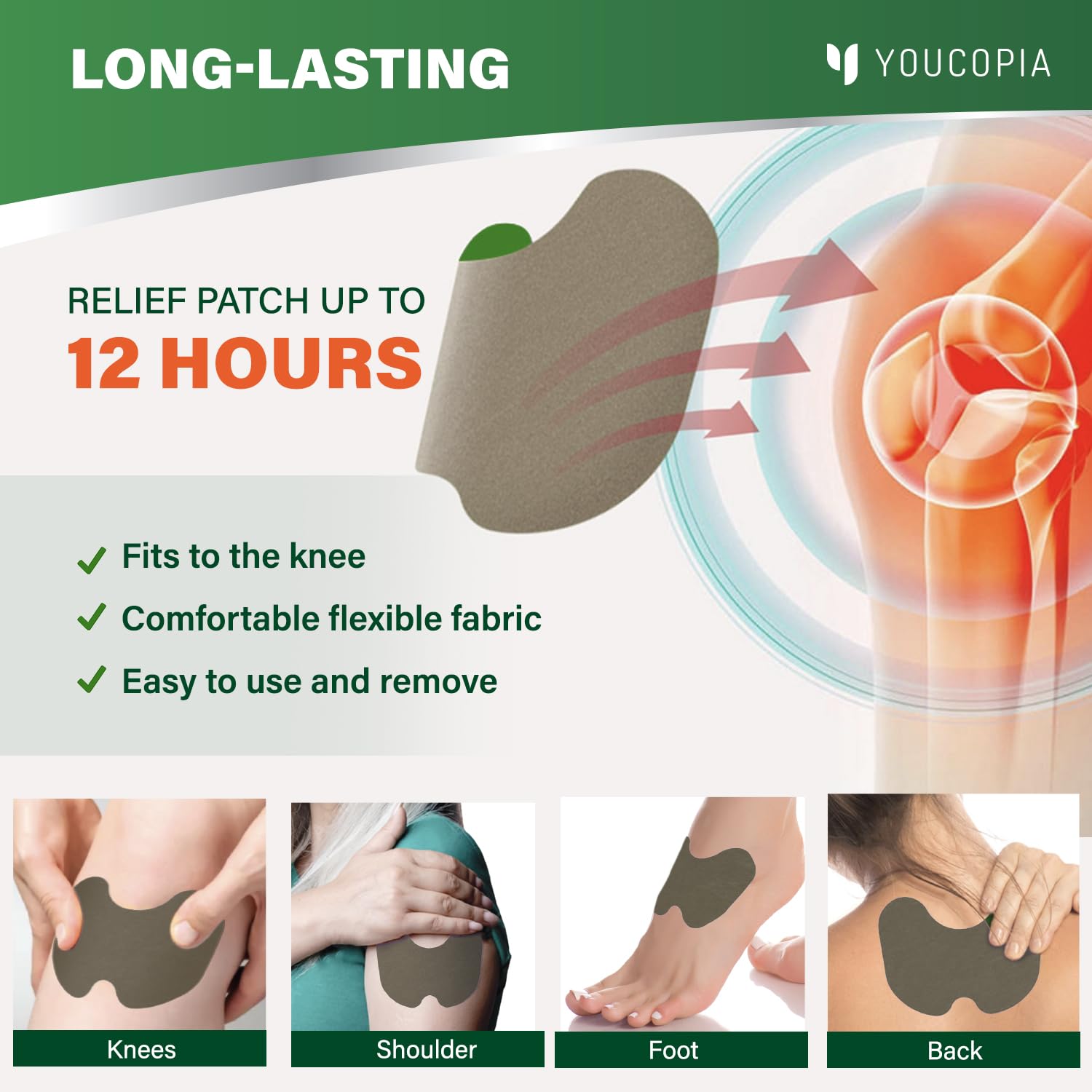 YOUCOPIA Knee Relief Heat Patches: 36 Count Natural Herbal Relieving Plaster for Long Lasting Muscle and Joint Relief - Mugwort