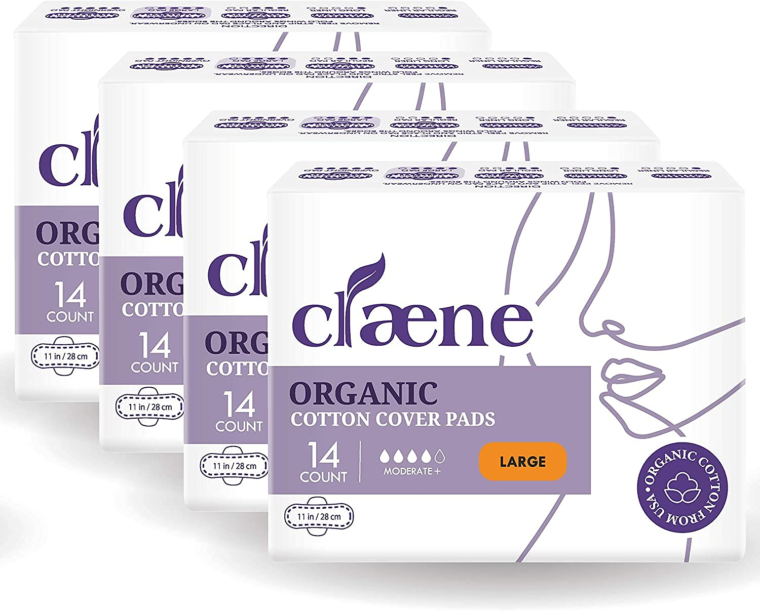 Claene Organic Cotton Cover Pads, Cruelty-Free, Menstrual Overnight Sanitary Pads for Women, Unscented, Breathable, Vegan, Organ