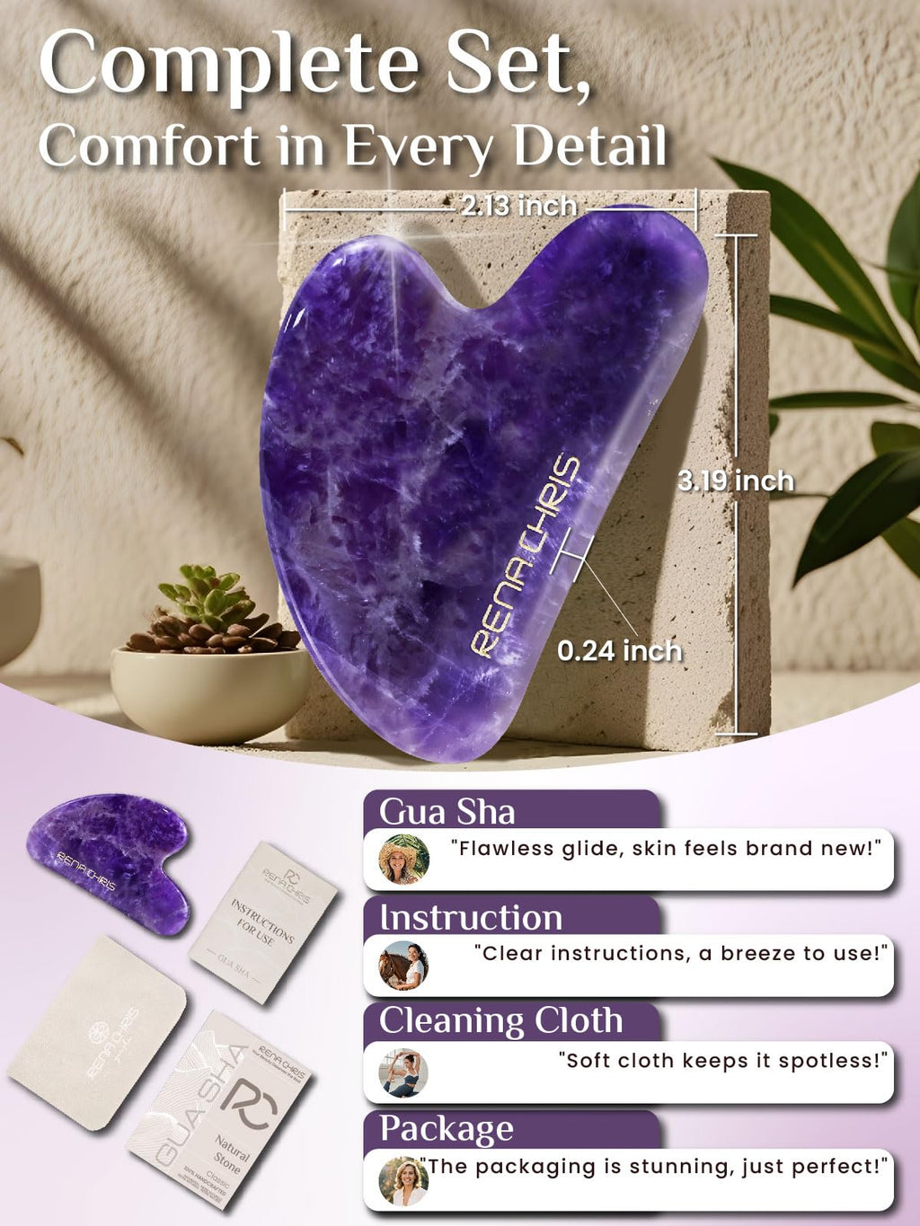 Rena Chris Gua Sha Facial Tools: Natural Amethyst Guasha Tool for Face Acupuncture Therapy, Facial Massager for Jawline Sculptin