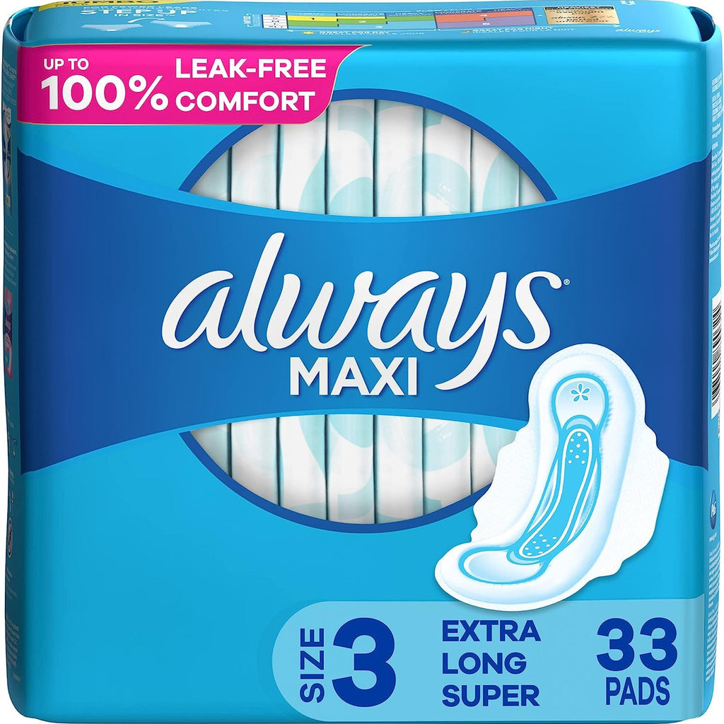 Always Maxi Feminine Pads for Women, Size 3 Extra Long Super Absorbency, with Wings, Unscented, 33 Count