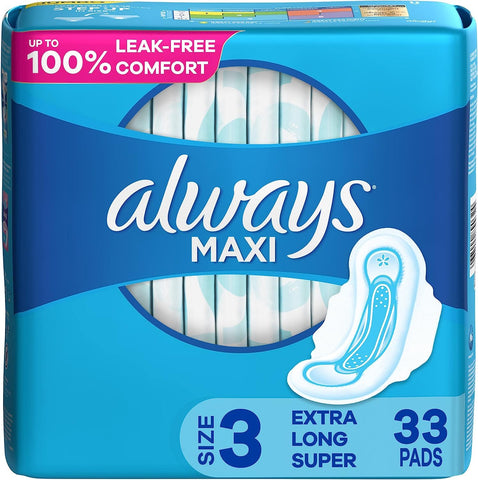 Always Maxi Feminine Pads for Women, Size 3 Extra Long Super Absorbency, with Wings, Unscented, 33 Count