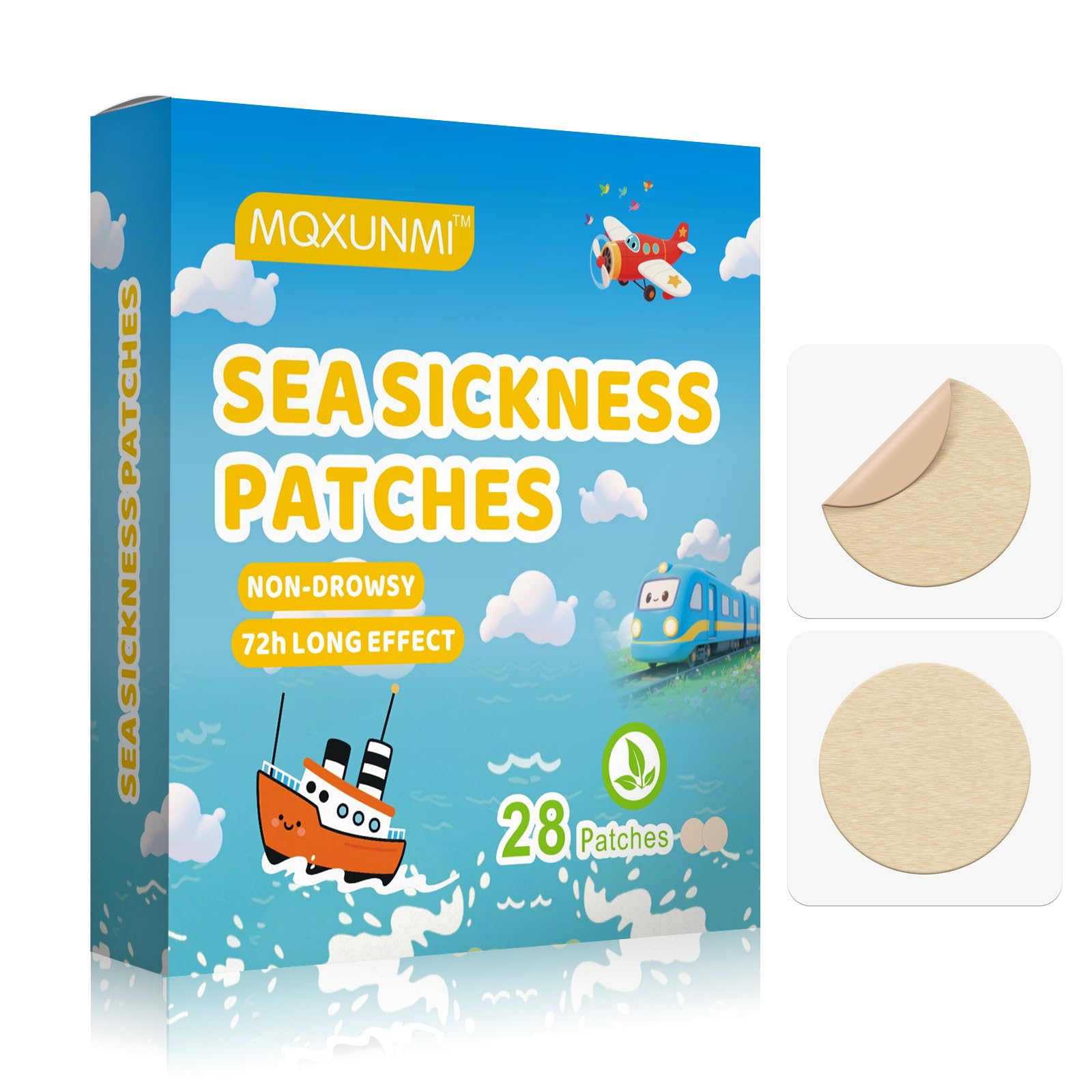 MQXUNMI Sea Sickness Patches for Cruise, 28 PCS Behind Ear Motion Sickness Patches for Travel, Non-Drowsy and No Side Effects, 7