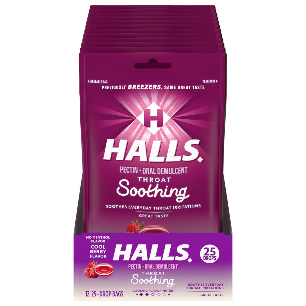 HALLS Throat Soothing (Previously HALLS Breezers) Cool Berry Throat Drops, 12 Bags of 25 Drops (300 Total Drops)