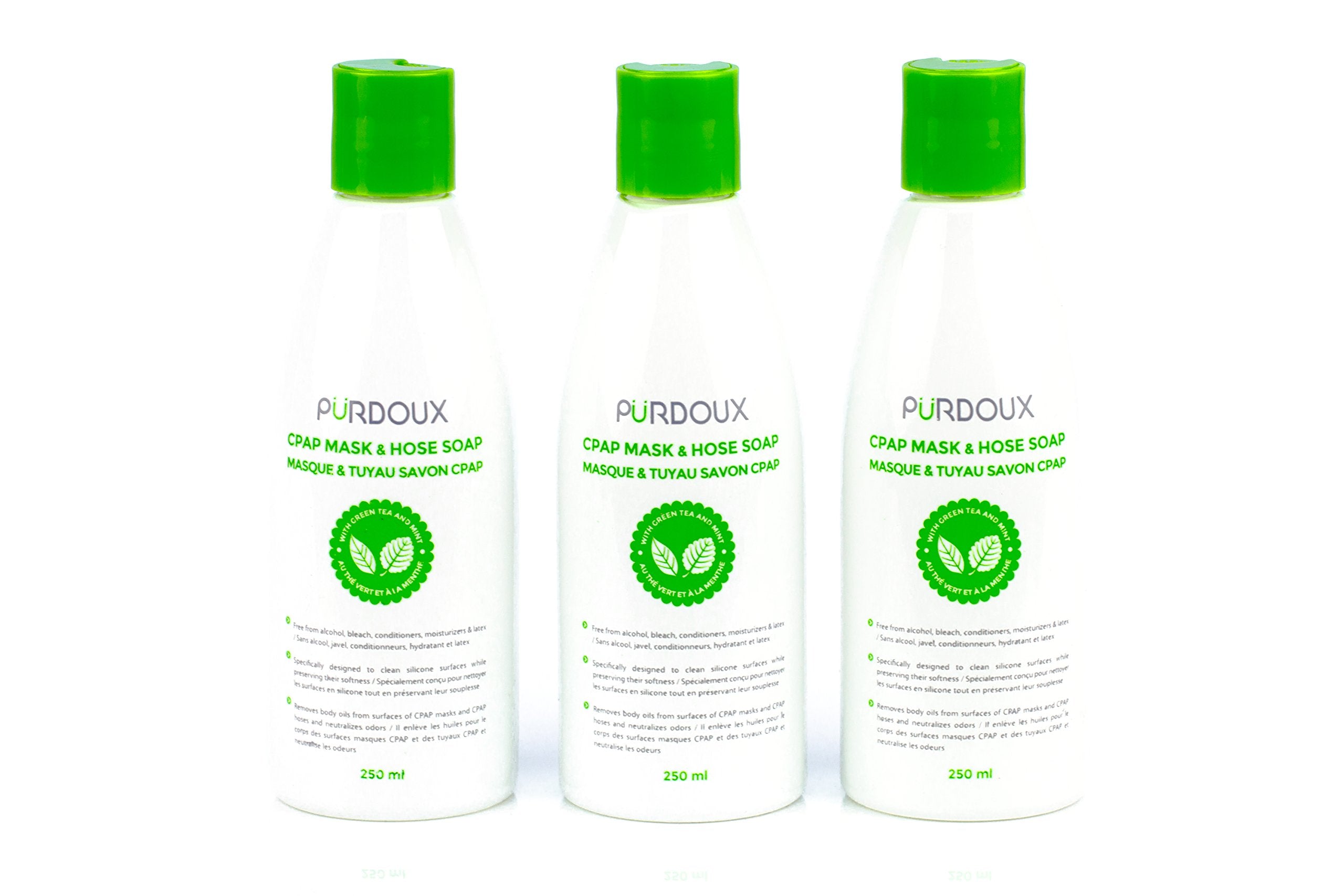 PURDOUX CPAP Mask & Hose Cleaning Soap (Pack of 3 Bottles, 250 ml / 8.4 oz Each) (3 x Green Tea-Mint Scent)