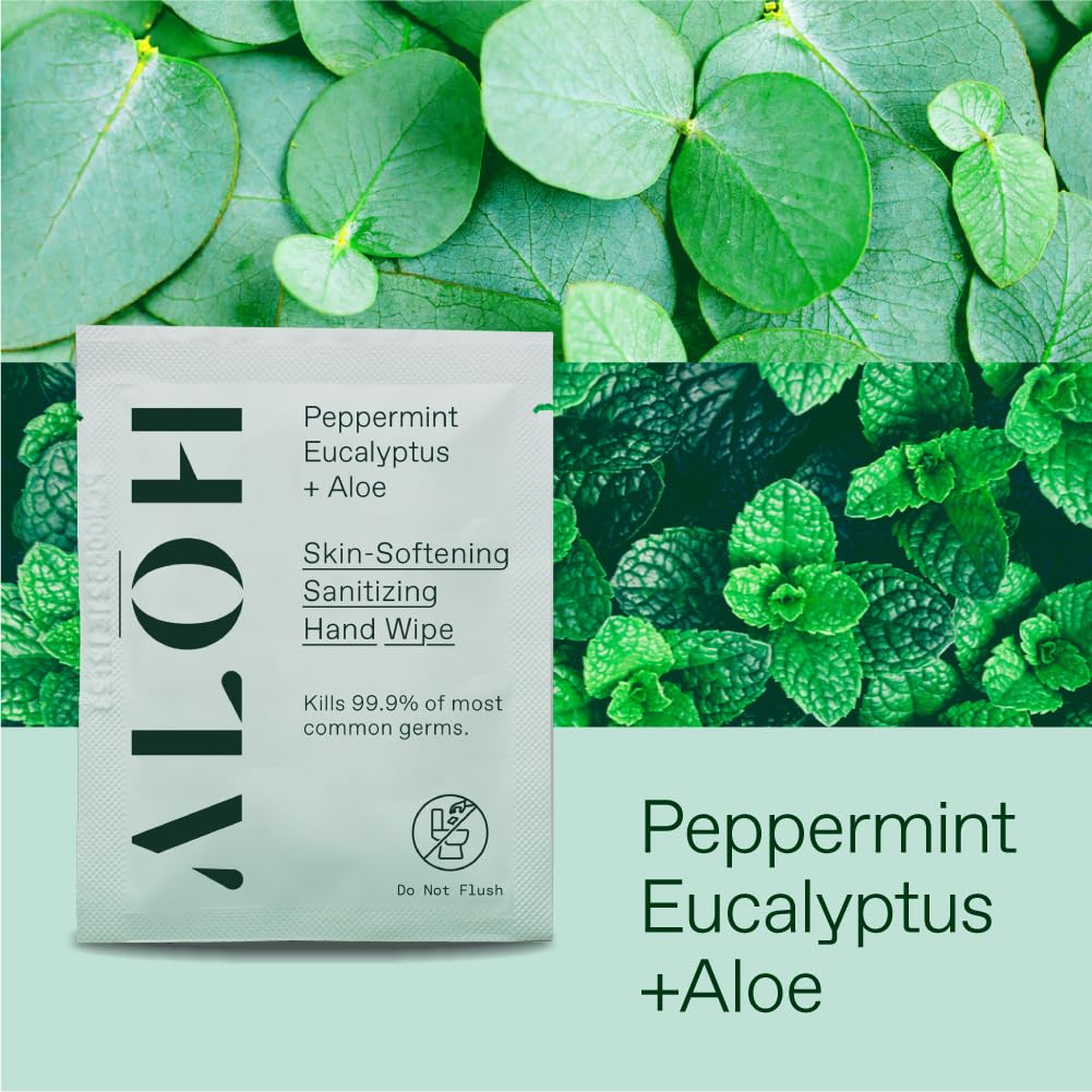 ALOH Skin - Softening Sanitizing Hand Wipes - Peppermint Eucalyptus + Aloe (1 Box of 20 Individual Wrapped Wipes)