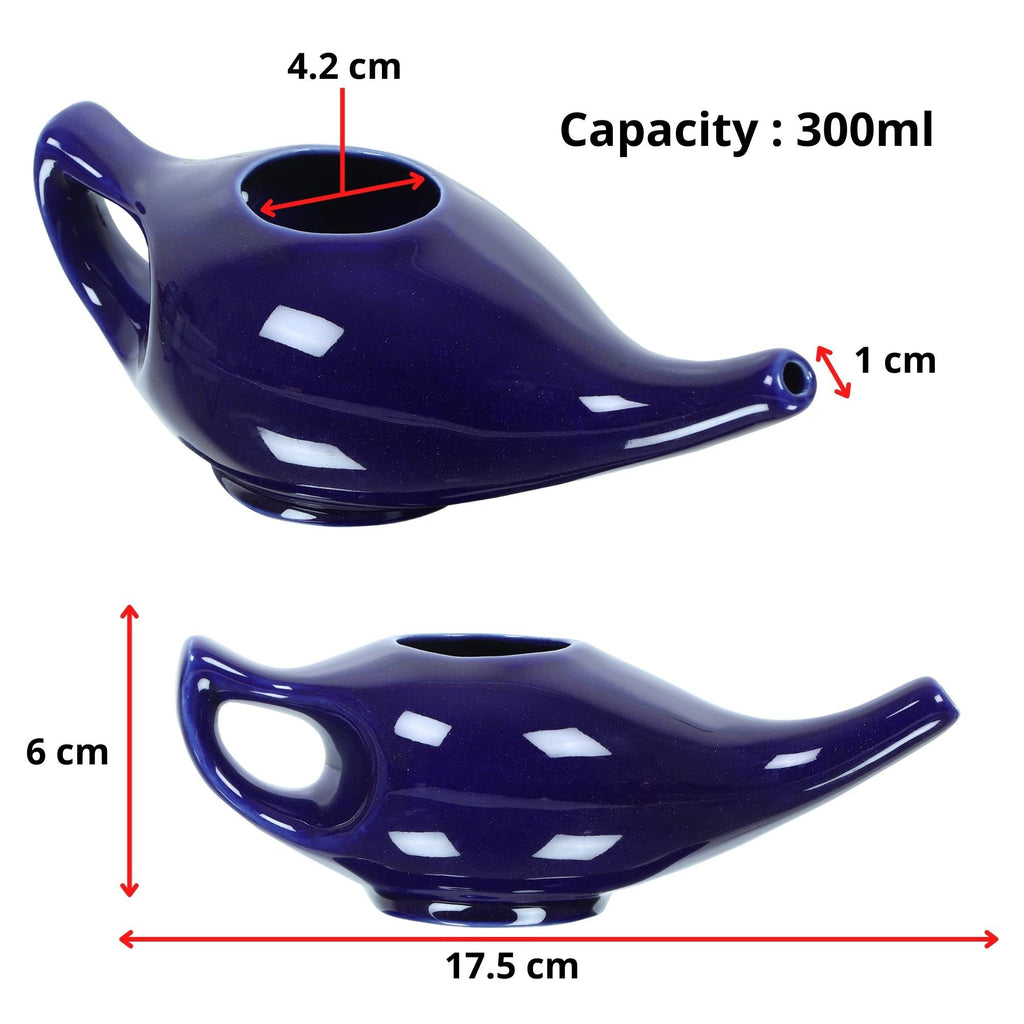 Qimacplus Leak Proof Durable Porcelain Ceramic Neti Pot Hold 230 Ml Water Comfortable Grip with 10 Sachet Neti Salt | Eco Friend