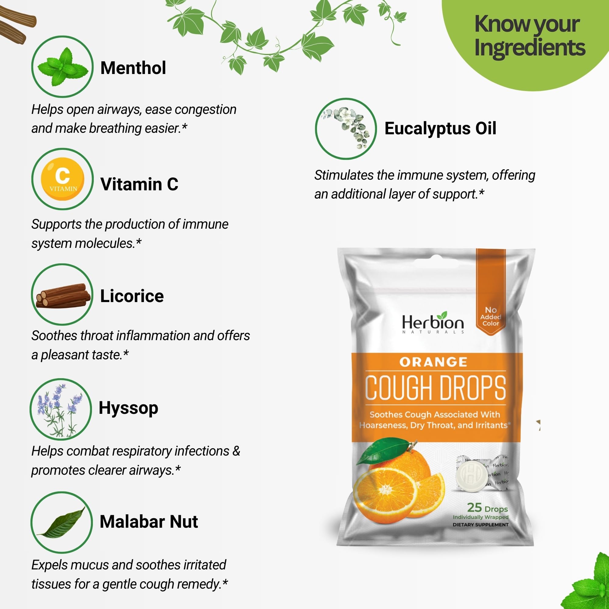 Herbion Naturals Cough Drops with Natural Orange Flavor, Dietary Supplement, Soothes Cough, for Adults and Children Over 6 Years