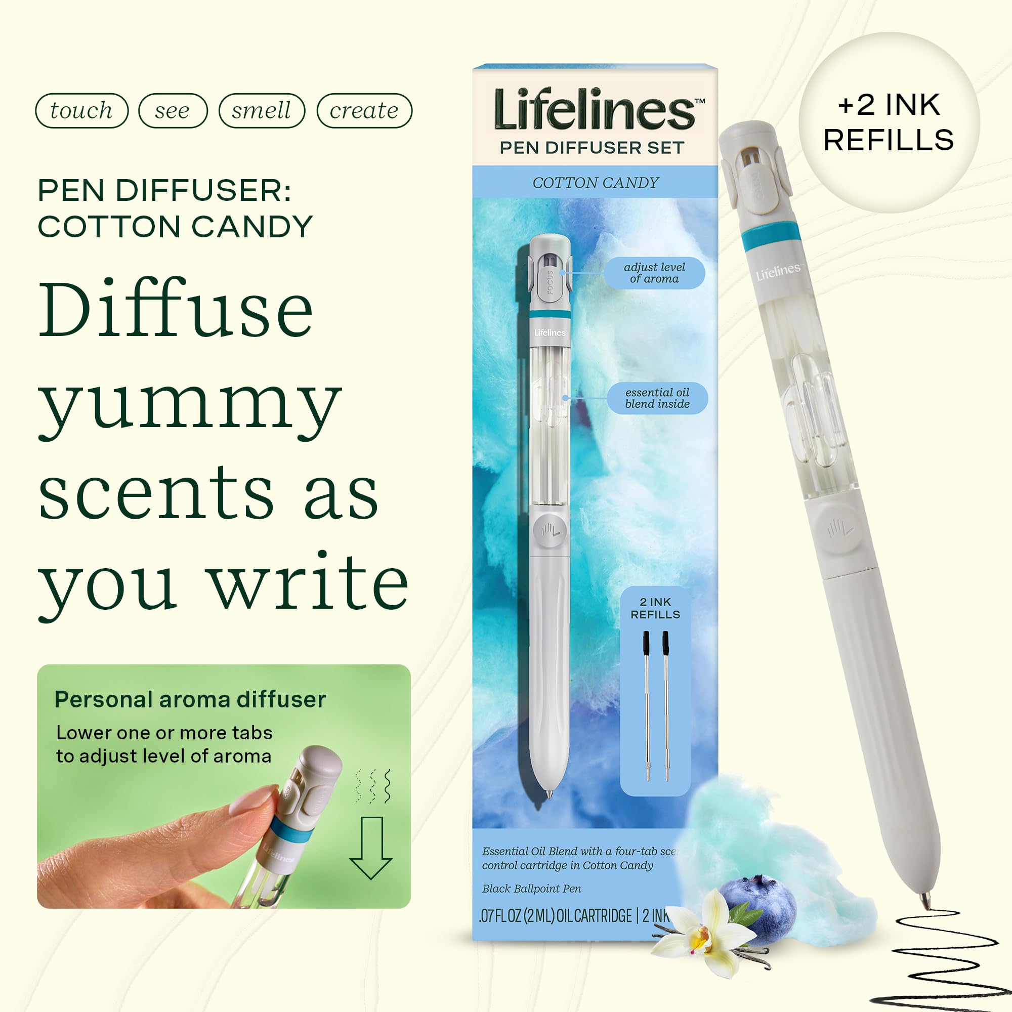 Lifelines Pen Diffuser Set, Cotton Candy - 1mm Black Ballpoint Pen with Scented Essential Oil Blend & 2 Ink Refills - Aromathera