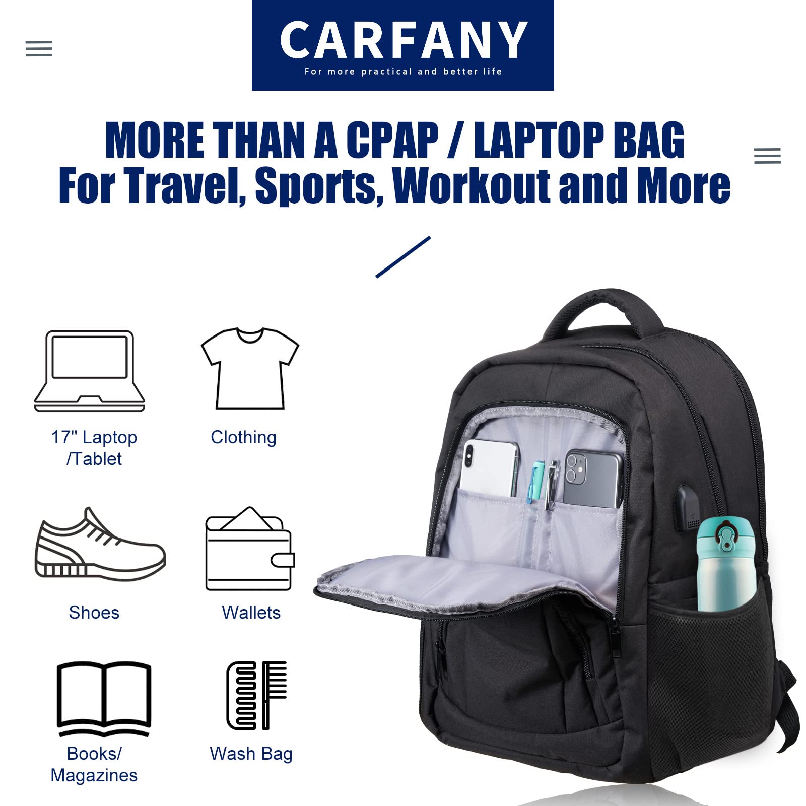 CPAP Backpack 17.32 Inch Lightweight Carrying On Travel Bag for CPAP Machine and Laptop Tablet Women Men Compatible with Resmed