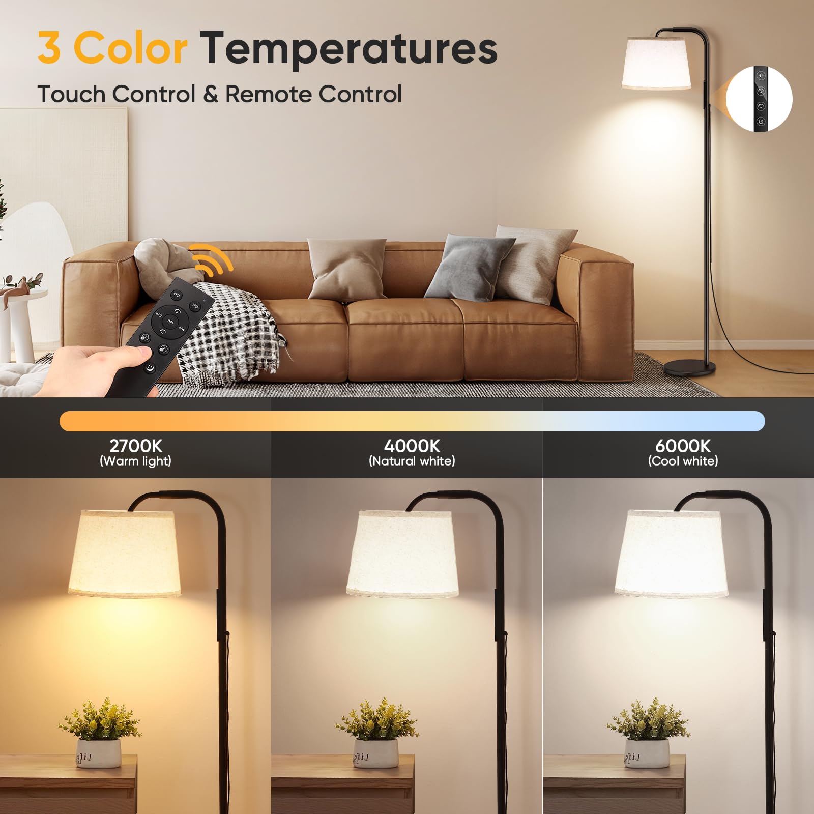 Caromolly Light Therapy Floor Lamp, 10000 Lux with Remote, Adjustable Color/Brightness/Timer, Modern Linen Shade for Office, Liv