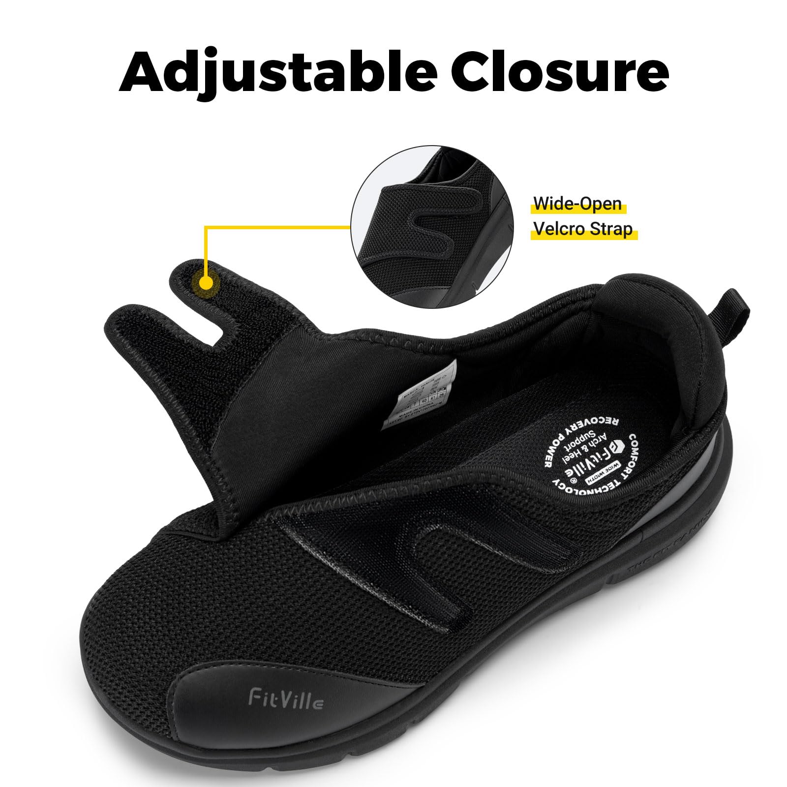 FitVille Diabetic Shoes for Men Extra Wide Width Orthopedic Slip-on Fall Prevention Walking Shoes Adjustable Closure with Arch S