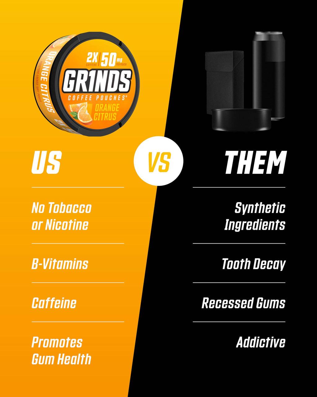 Grinds Coffee Pouches | Tobacco Free, Nicotine Free Healthy Alternative | 6 Cans of Orange Citrus | 18 Pouches Per Can | 1 Pouch