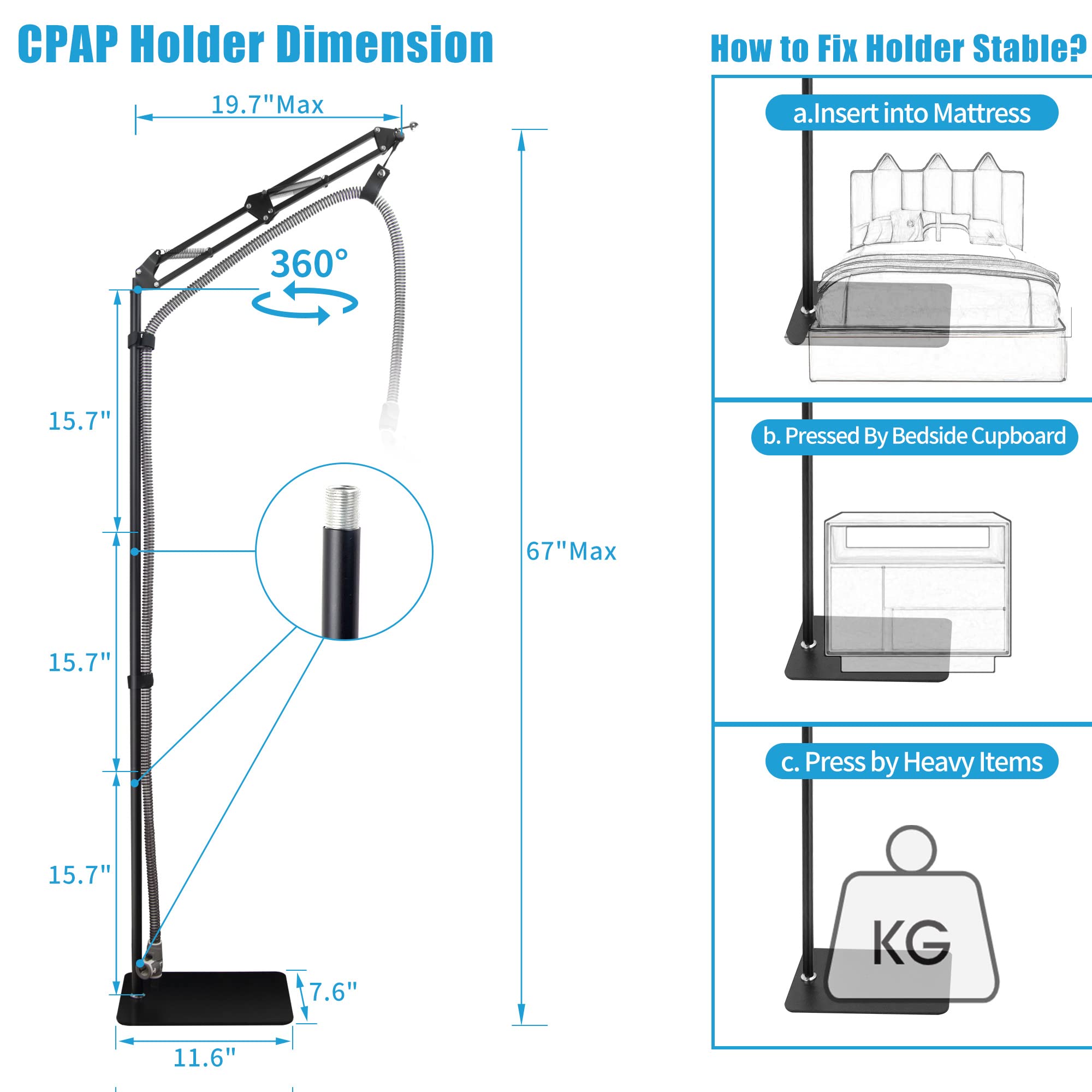CPAP Hose Tube Holder Lifter Clamp Clip Hook Support Bedside Storage Kit_Metal Structure Strong_5.6 ft Max High_Angle Height Adj