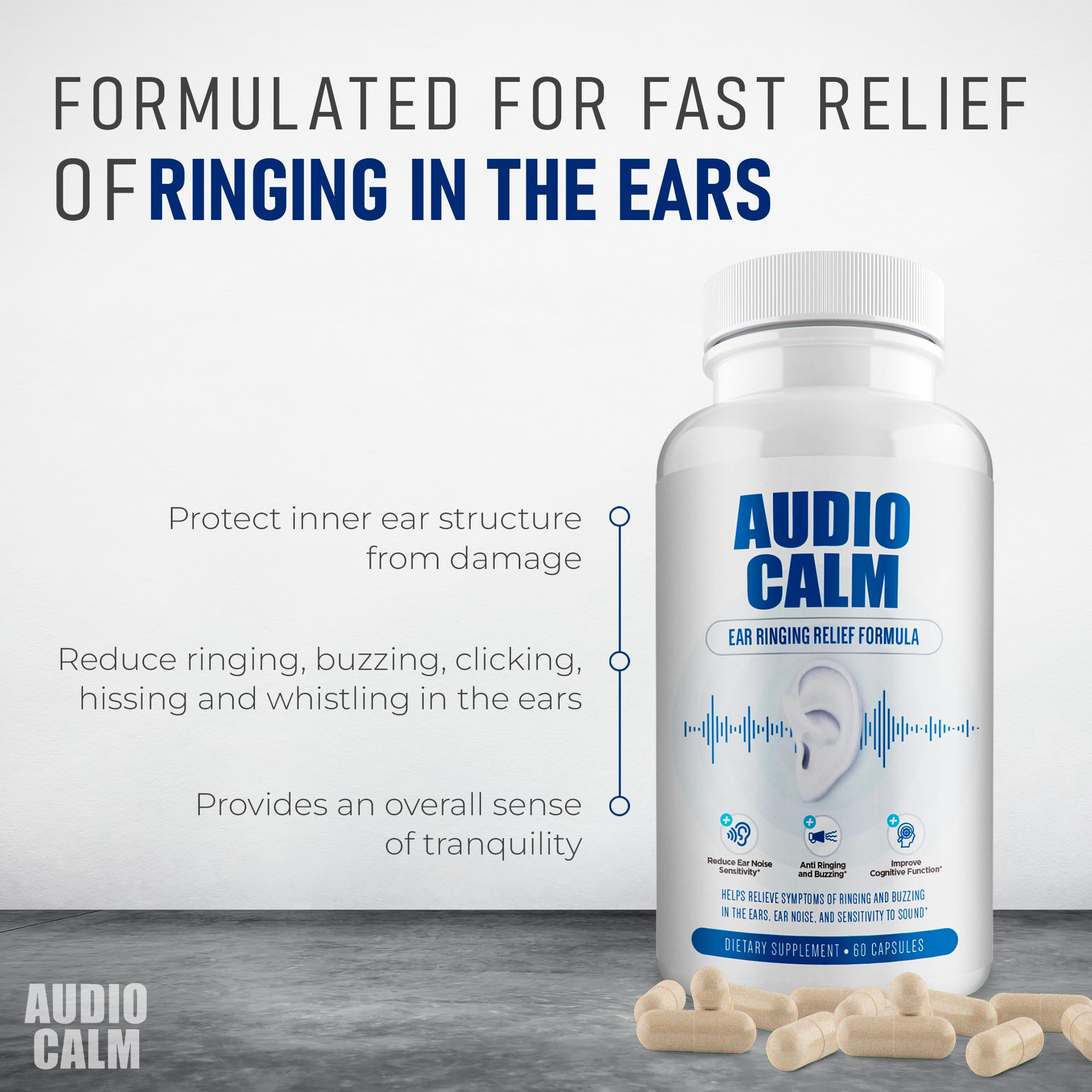 BACTICURE Audio Calm - Tinnitus Relief Supplement | Natural Stop Tinnitus Solution - Relieves Ear Ringing, Buzzing, Clicking | 6