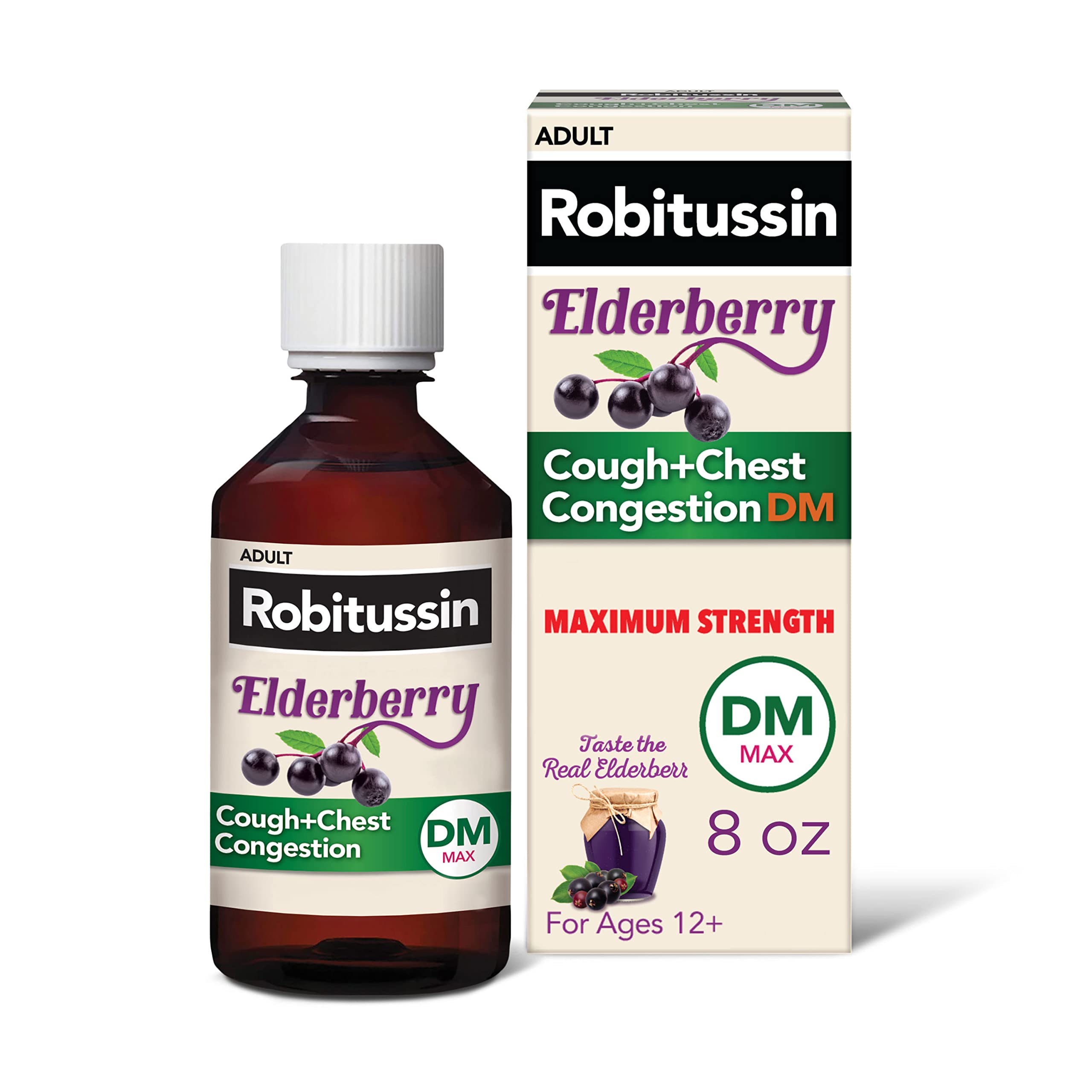Robitussin Maximum Strength Elderberry Cough Plus Chest Congestion DM, Cough Suppressant for Adults, Providing Liquid Cough and 