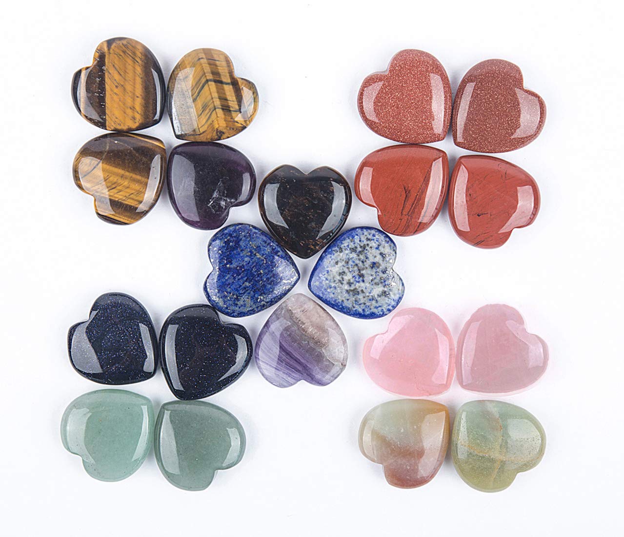 JIC Gem 20 pcs Mixed Crystal Heart Stones Heart Shape Chakra Stones 30mm Reiki Balancing Hand Carved Polished Palm Worry Stone G