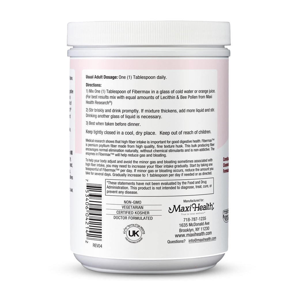 Maxi Health Fibermax Powder - Cleansing Formula - Laxative for Men and Women with Psyllium Husk - 14 Ounce Bottle - Kosher Daily