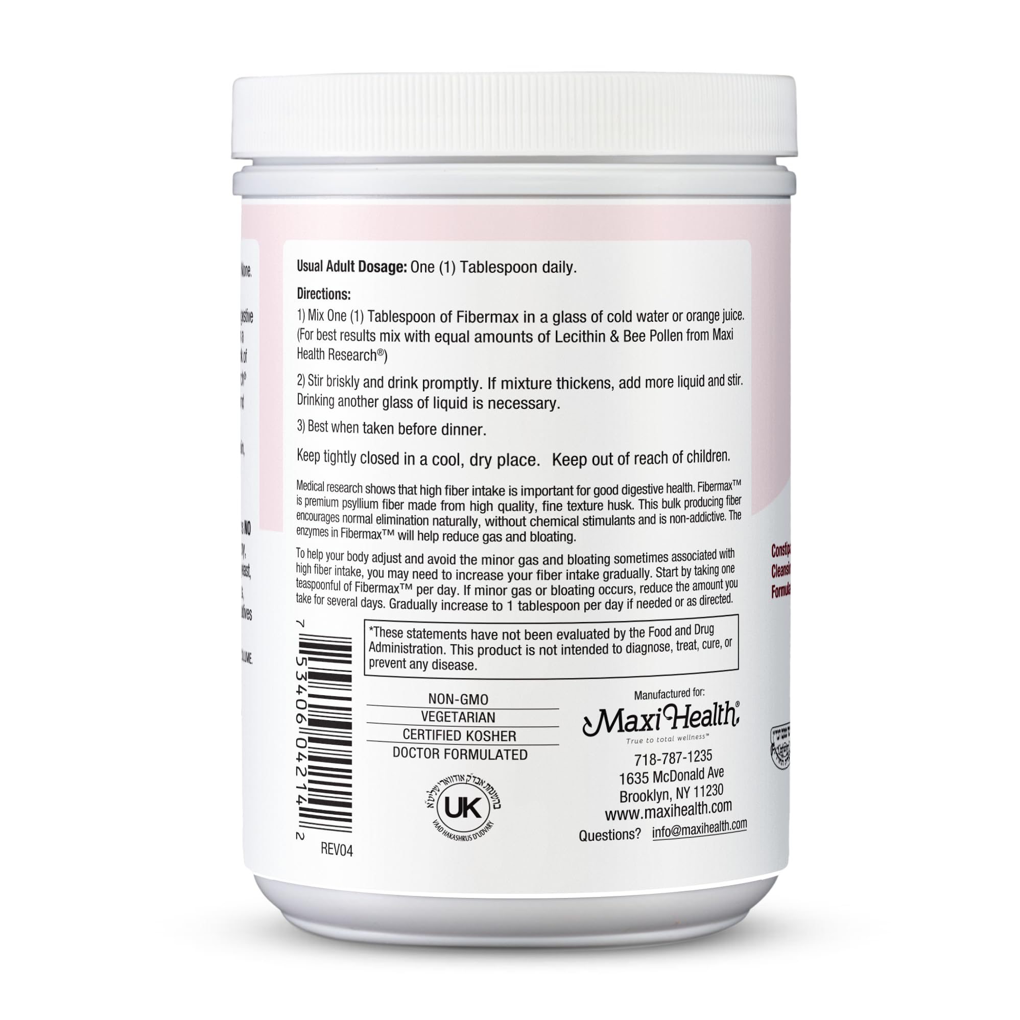 Maxi Health Fibermax Powder - Cleansing Formula - Laxative for Men and Women with Psyllium Husk - 14 Ounce Bottle - Kosher Daily