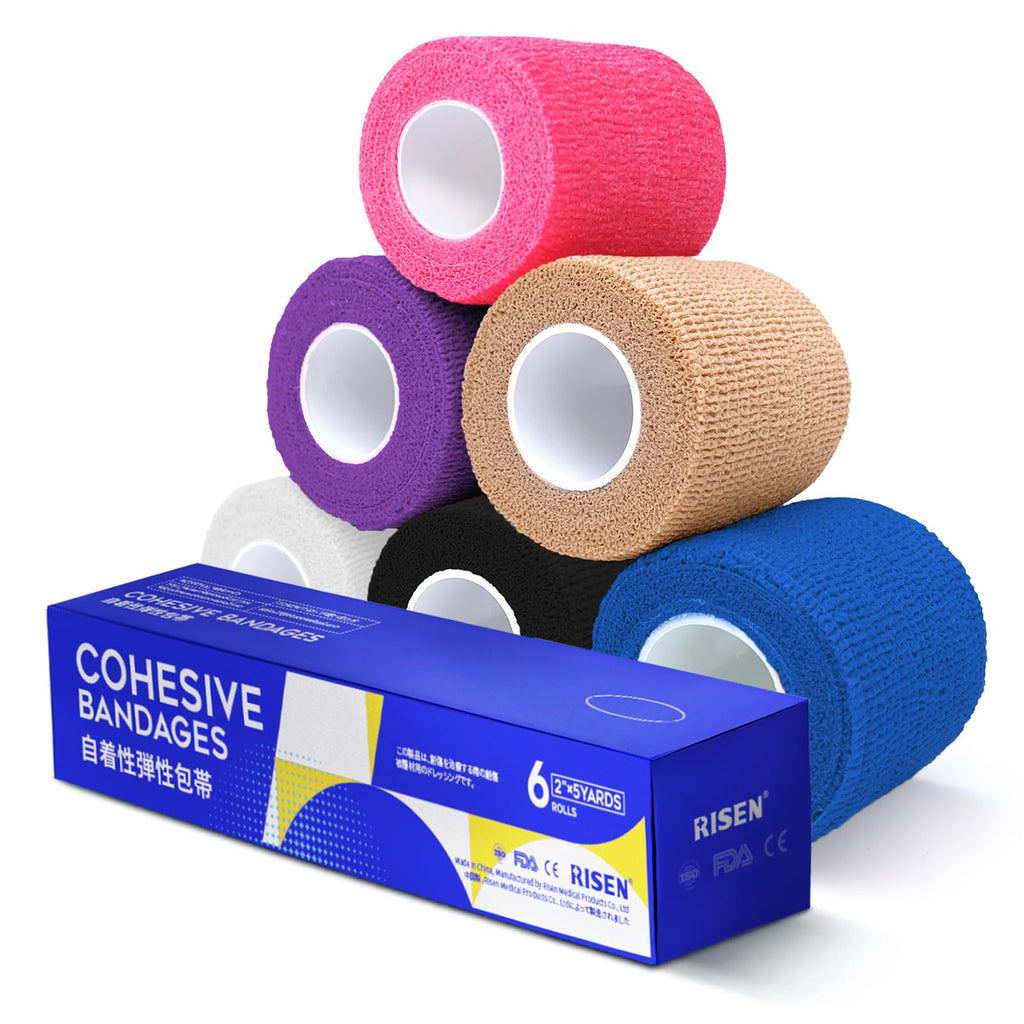 RISEN Cohesive Bandage 2x 5 Yards, 6 Rolls, Self Adherent Wrap Medical Tape, Adhesive Flexible Breathable First Aid Gauze Ideal 