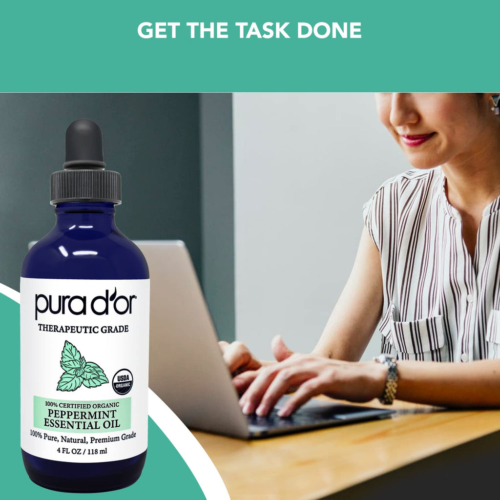 PURA DOR Organic Peppermint Essential Oil (4oz with Glass Dropper) 100% Pure & Natural Therapeutic Grade - Hair, Body, Skin, Ar