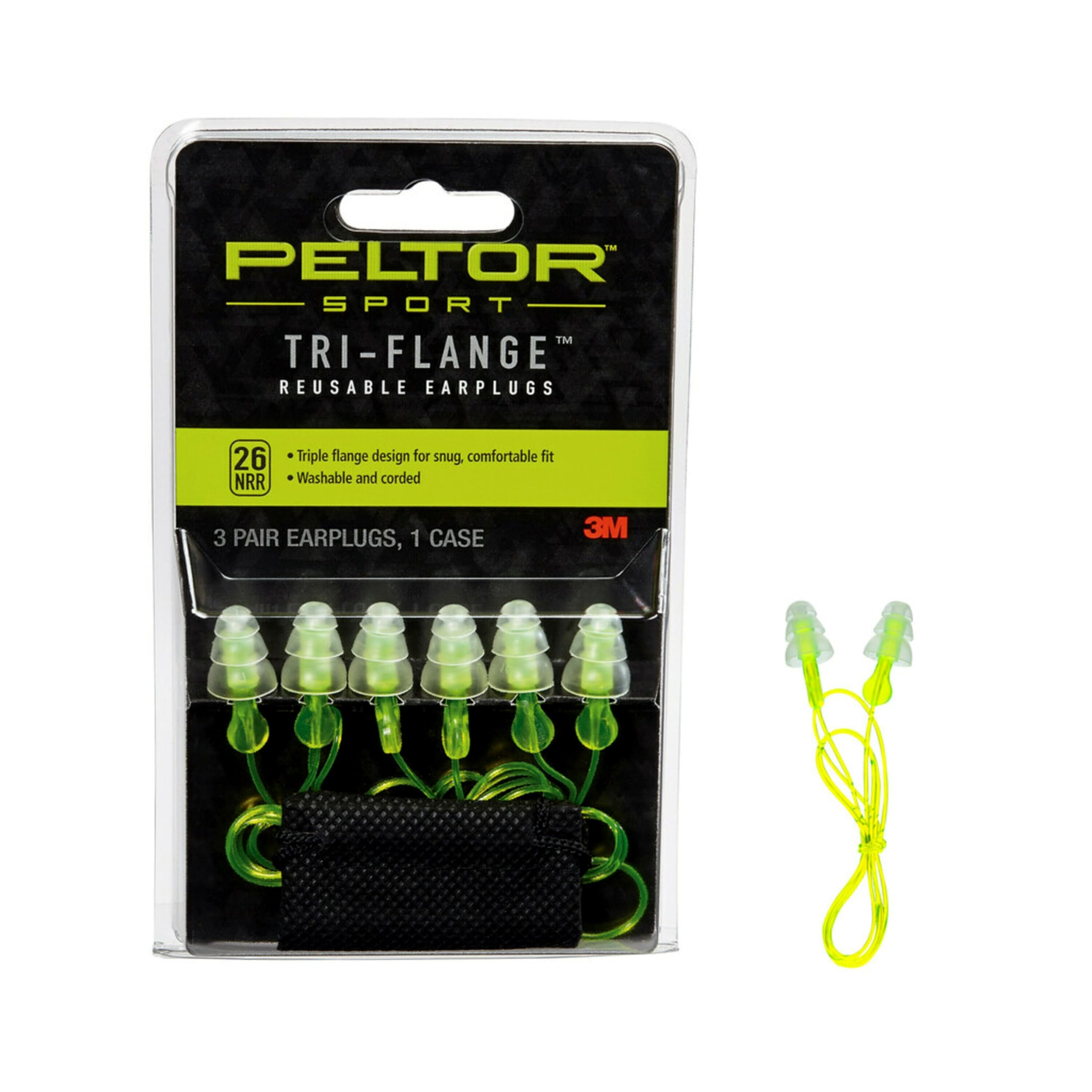 Peltor Sport Tri-Flange Corded Reusable Earplugs, 3 Pair, Noise Reduction Rating (NRR) 26 dB, Comfortable Fit, Ideal For Range, 