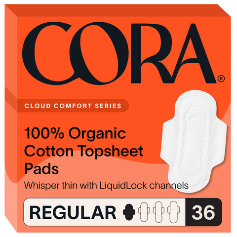 Cora 100% Organic Cotton Topsheet Pads | Ultra Thin Period Pads with Wings | Regular Absorbency | Ultra-Absorbent Sanitary Pads 