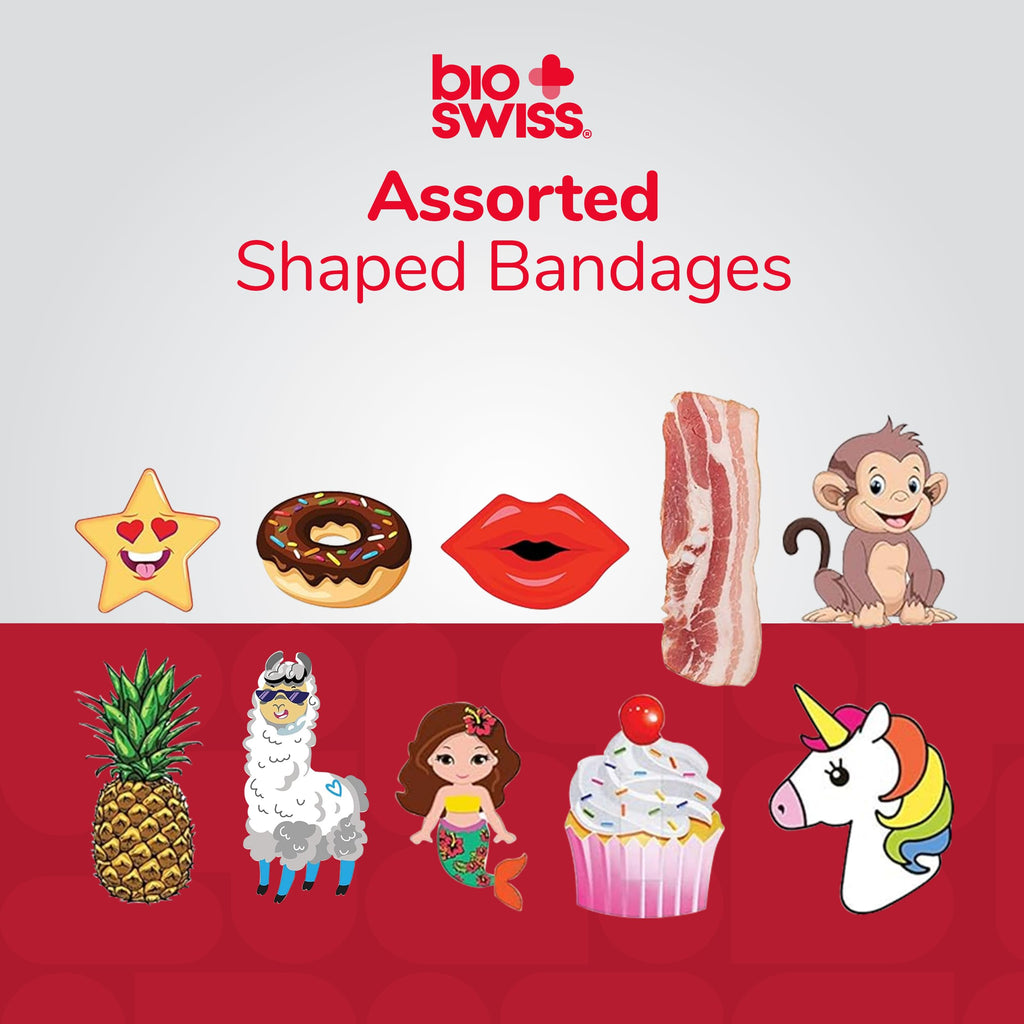 BioSwiss Bandages, Assorted Animal, Fun, and Food Shaped Self Adhesive Bandage, Latex Free Sterile Wound Care, 100 Count