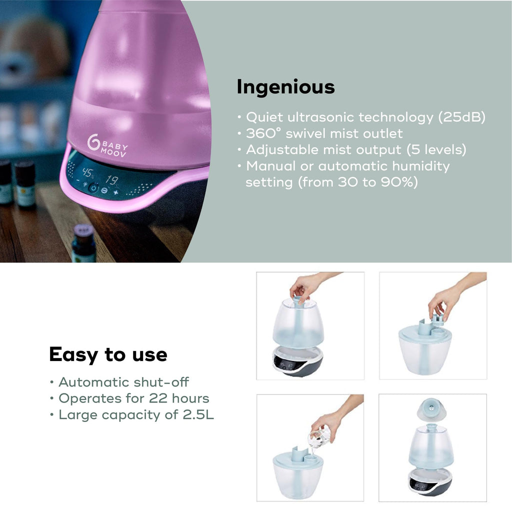 Babymoov Hygro Plus Cool Mist Humidifier 3-in-1 Humidity Control, Multicolored Night Light & Essential Oil Diffuser Easy Use and