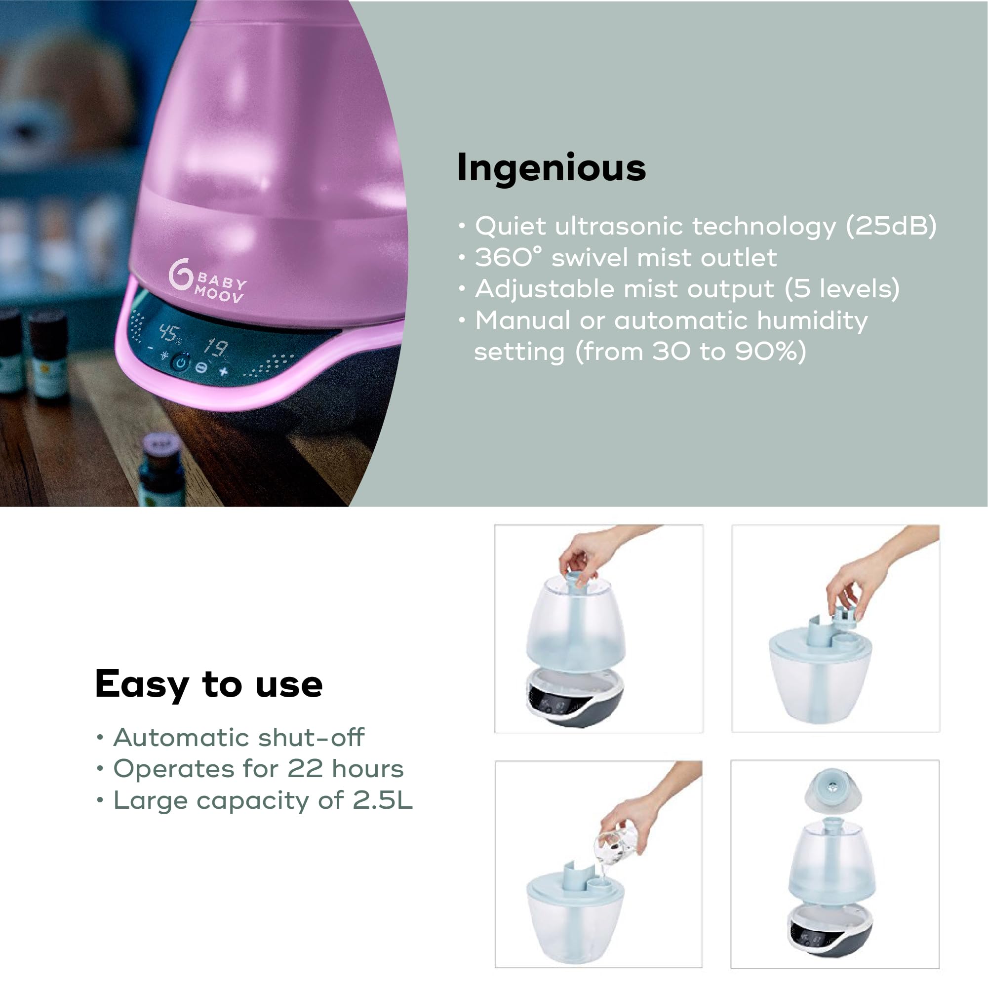 Babymoov Hygro Plus Cool Mist Humidifier 3-in-1 Humidity Control, Multicolored Night Light & Essential Oil Diffuser Easy Use and