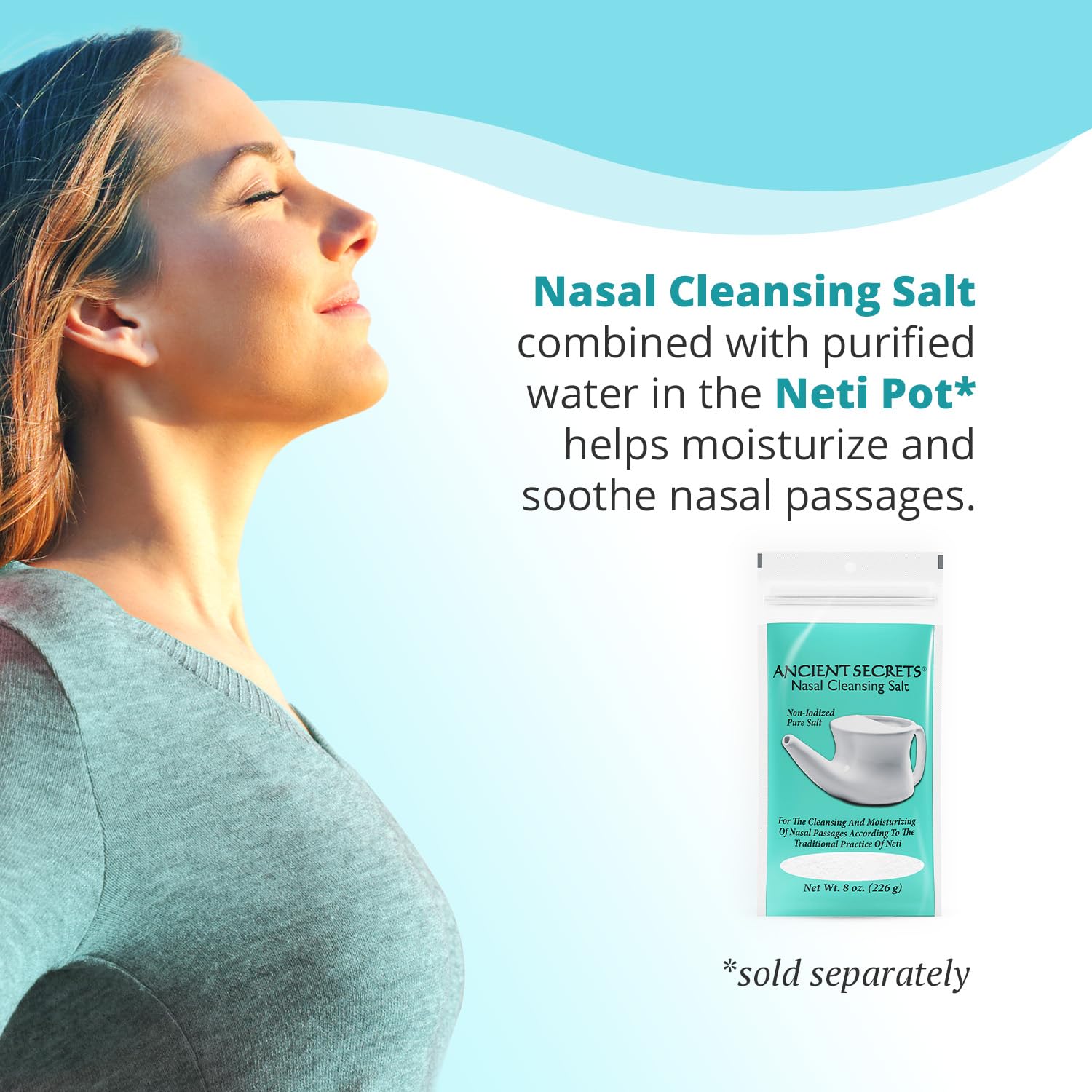 ANCIENT SECRETS Pure Cleansing Salt, Non-Iodized, 2-Pack - for Use with Ceramic or Travel Neti Pot, 8 Oz Ea