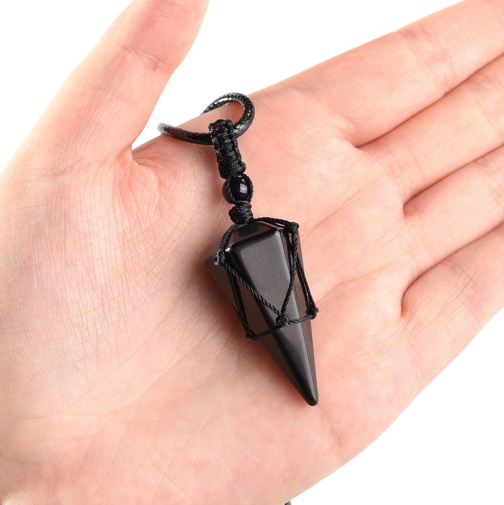 Top Plaza 6 Facet Reiki Healing Crystal Black Obsidian Stone Pointed Pendant Necklaces Adjustable Natural Gemstone Necklace Reik