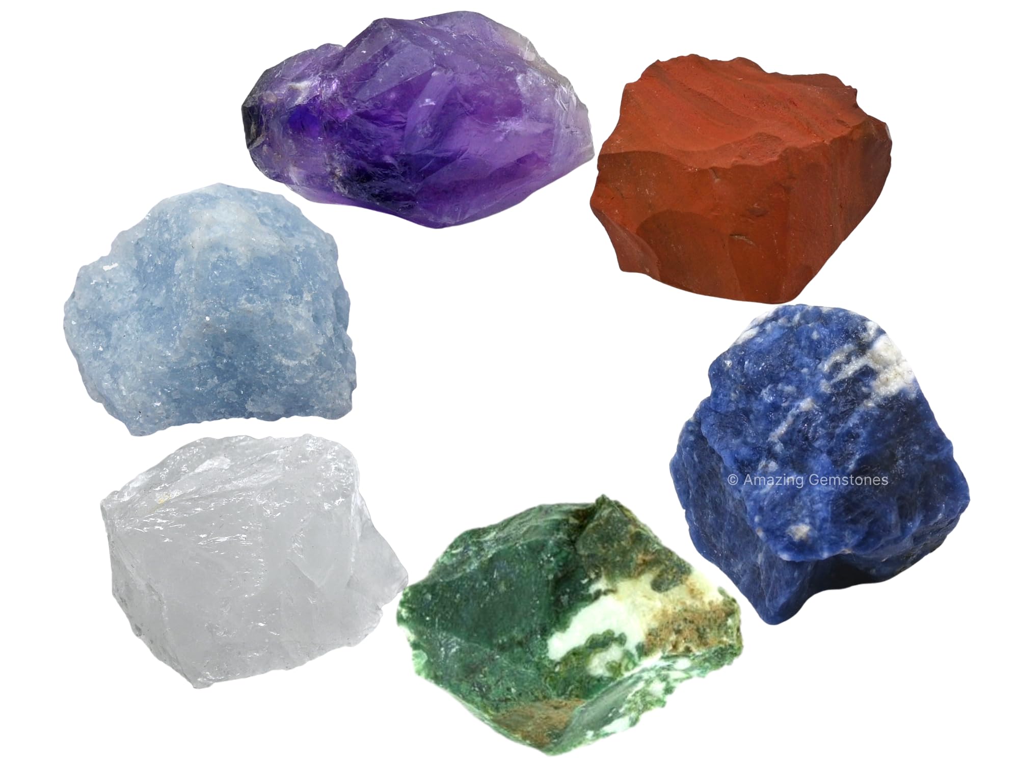 Crystals for Diabetes Support, Set of 6 Moss Agate, Blue Calcite, Sodalite, Clear Quartz, Red Jasper and Amethyst Healing Crysta