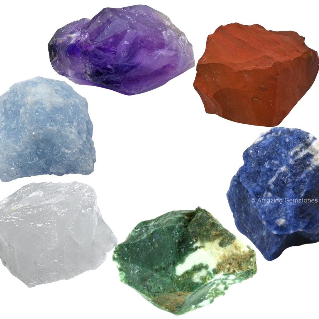 Crystals for Diabetes Support, Set of 6 Moss Agate, Blue Calcite, Sodalite, Clear Quartz, Red Jasper and Amethyst Healing Crysta