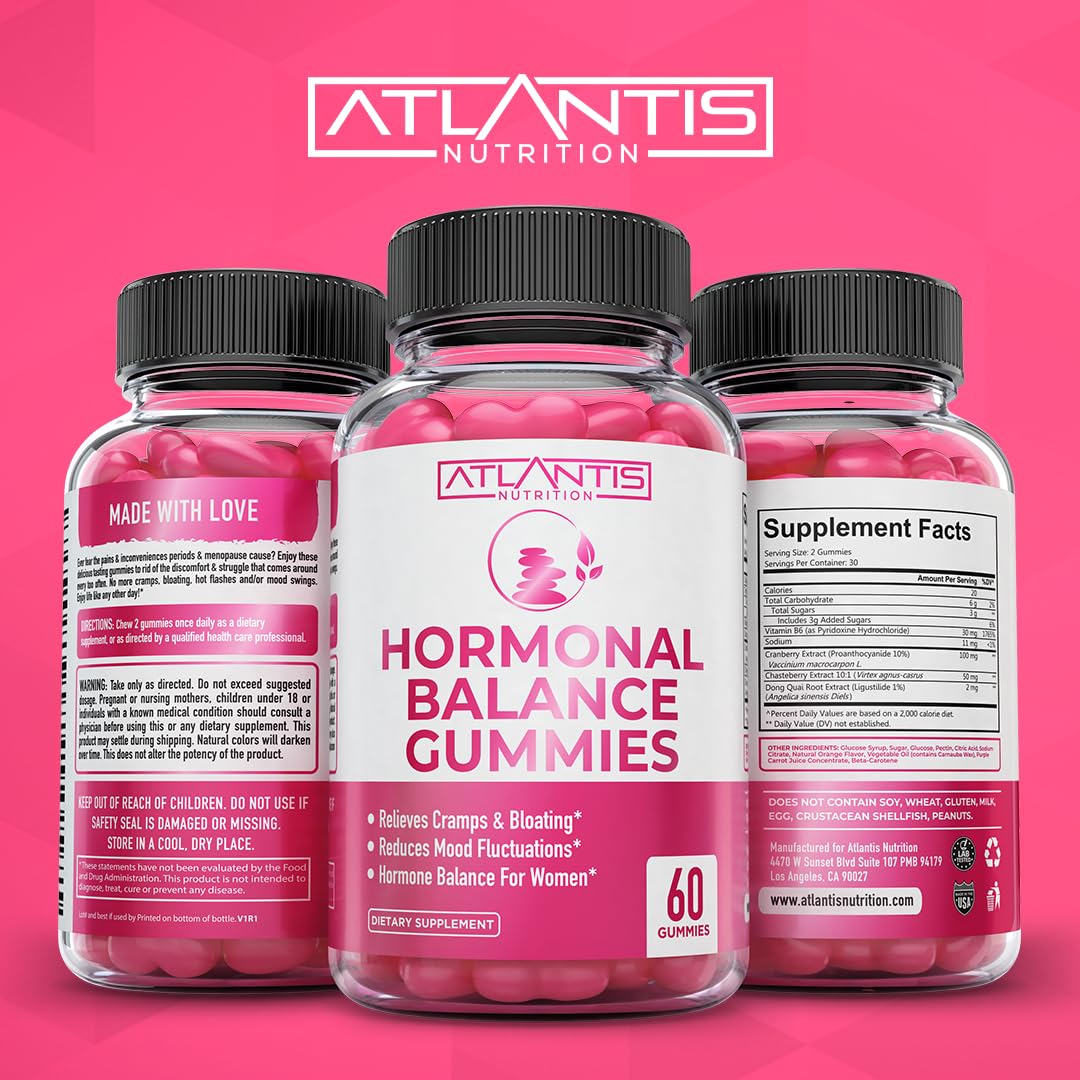 Atlantis Nutrition Hormonal Balance for Women & PMS Relief Gummies - Alleviates Cramps, Bloating, Mood Swings, Hot Flashes & Nig