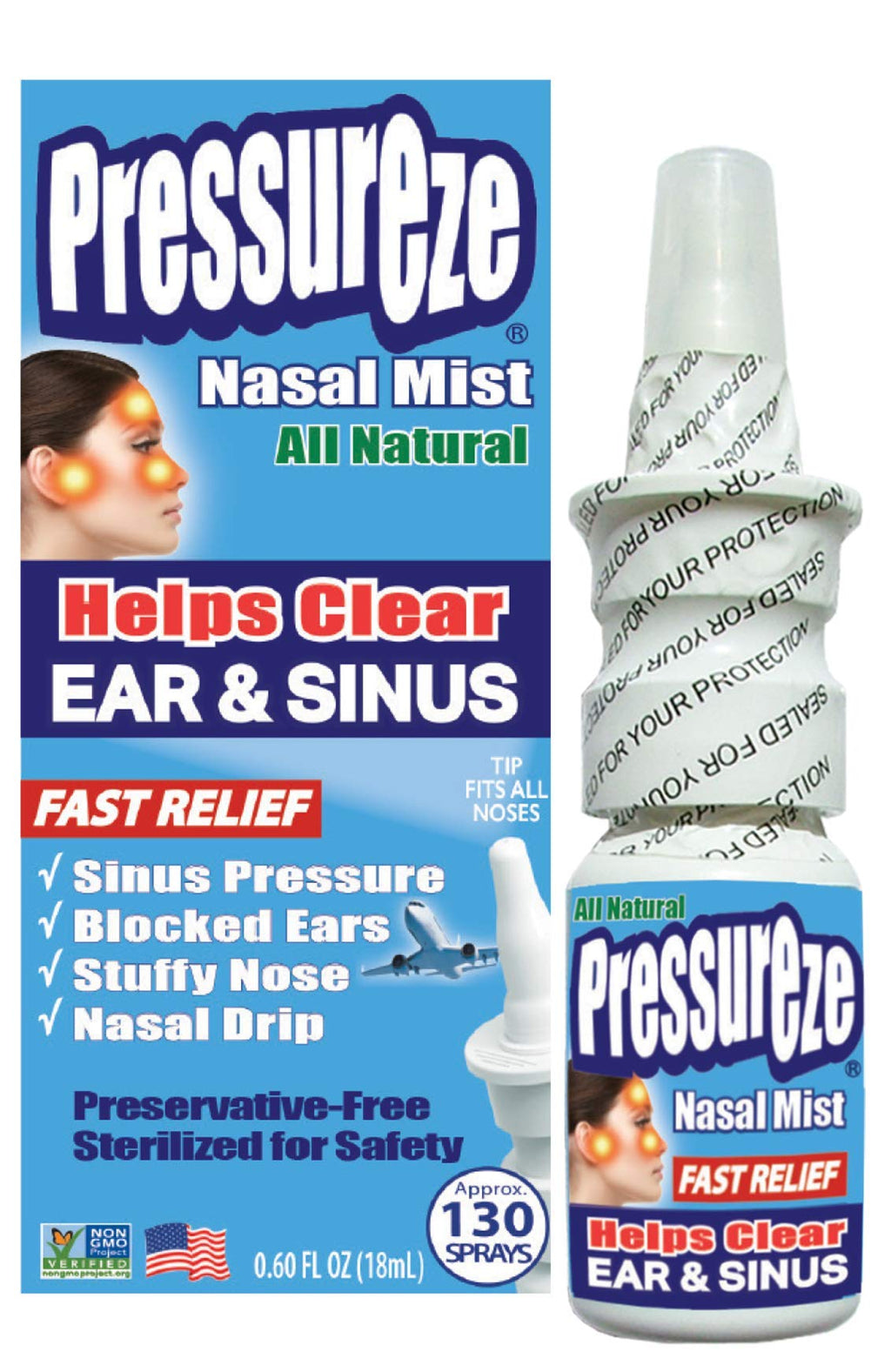 Pressureze All Natural Preservative-Free Sterile Nasal Spray - Fast Relief Nasal Spray - for Sinus Allergies, Loud Snoring & Con