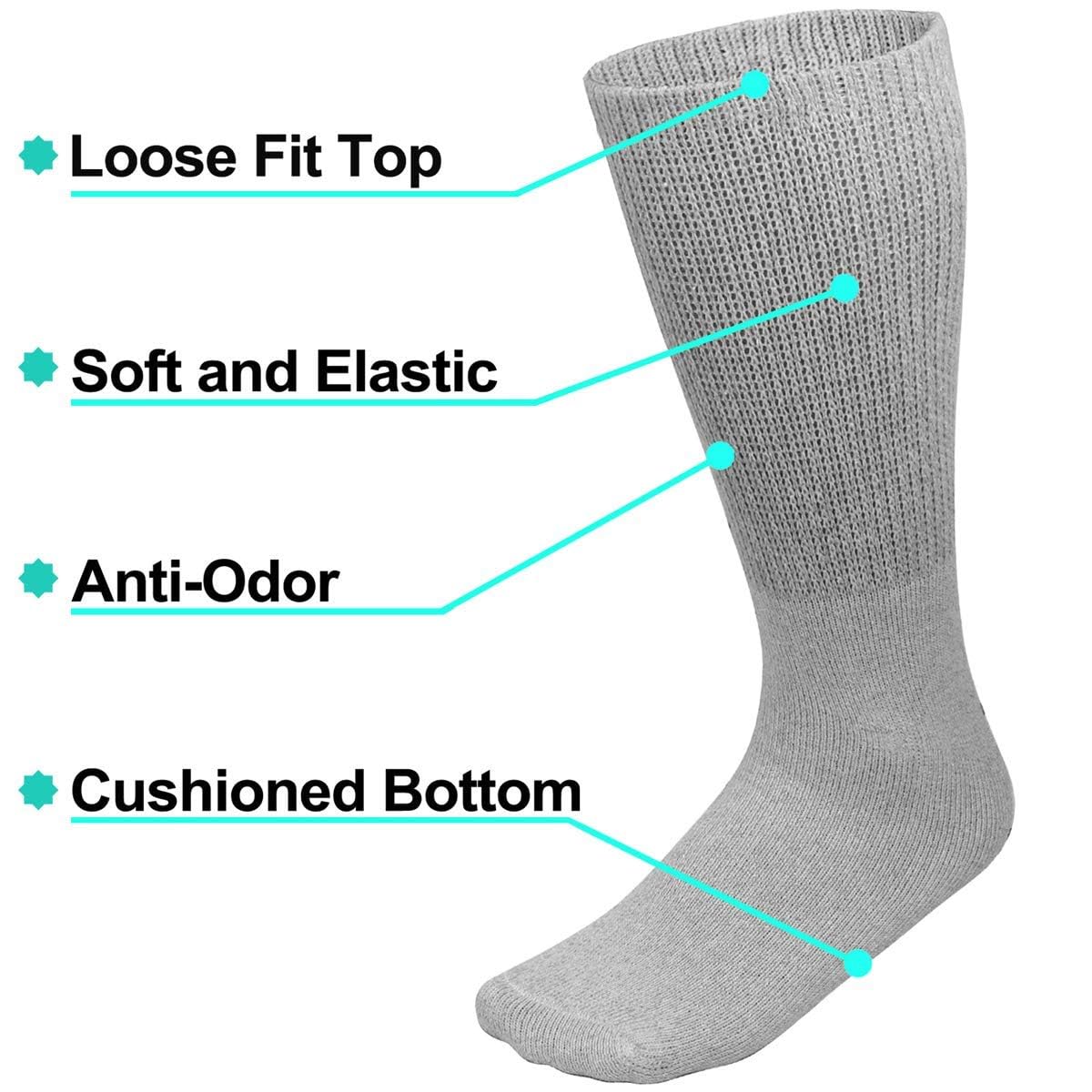 Falari Physicians Approved Diabetic Socks Crew Unisex 3, 6 or 12-Pack (13-15, 6 Pairs Grey)