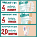 AZEN 28 Pack Wound Closure Strips, 3 Types Butterfly Bandages, Emergency Laceration Closure Kit, Repair Wounds Without Stitches,