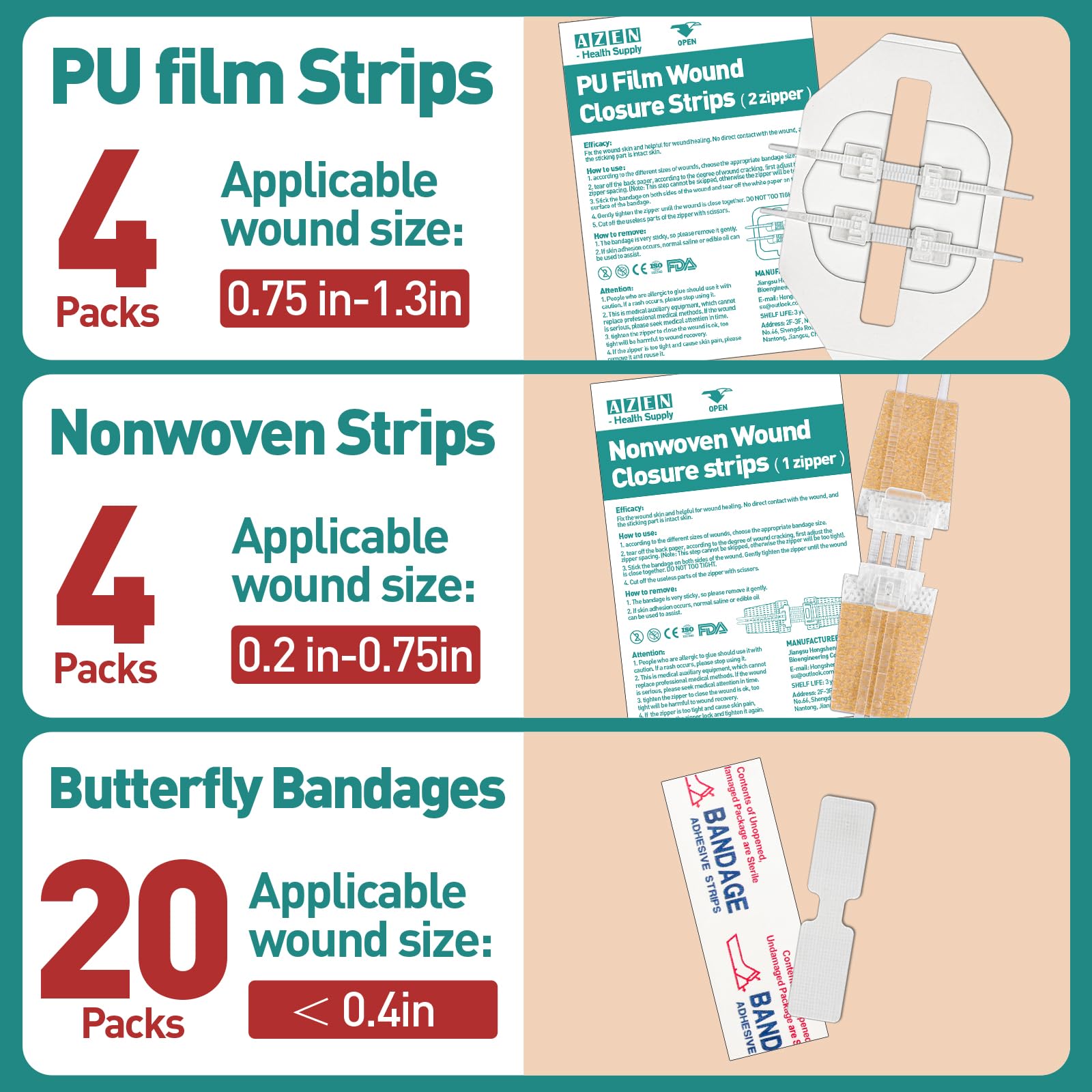 AZEN 28 Pack Wound Closure Strips, 3 Types Butterfly Bandages, Emergency Laceration Closure Kit, Repair Wounds Without Stitches,