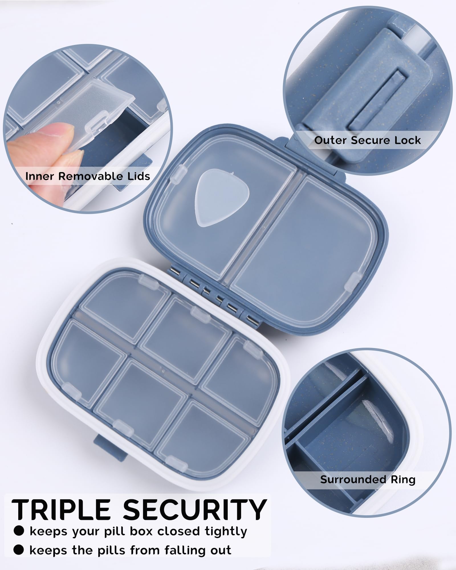 MEACOLIA Travel Pill Organizer, 1 Pack 8 Compartments Daily Pill Case Small Pill Box for Pocket Purse, Portable Pill Container M