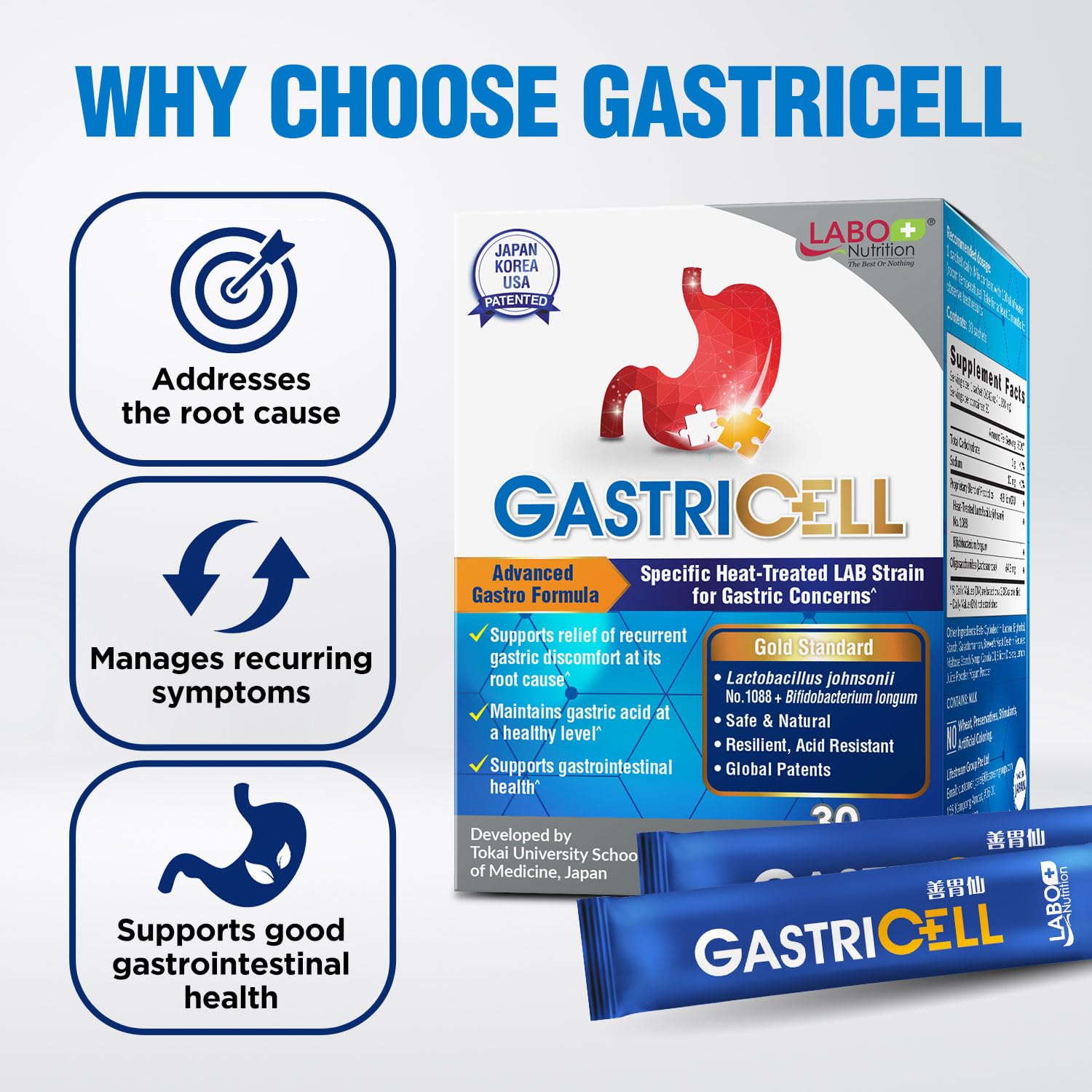 LABO Nutrition GASTRICELL - Acid Reflux, Heartburn, Recurring Gastric Discomfort, Natural Defence Against Gastric Distress 30 sa