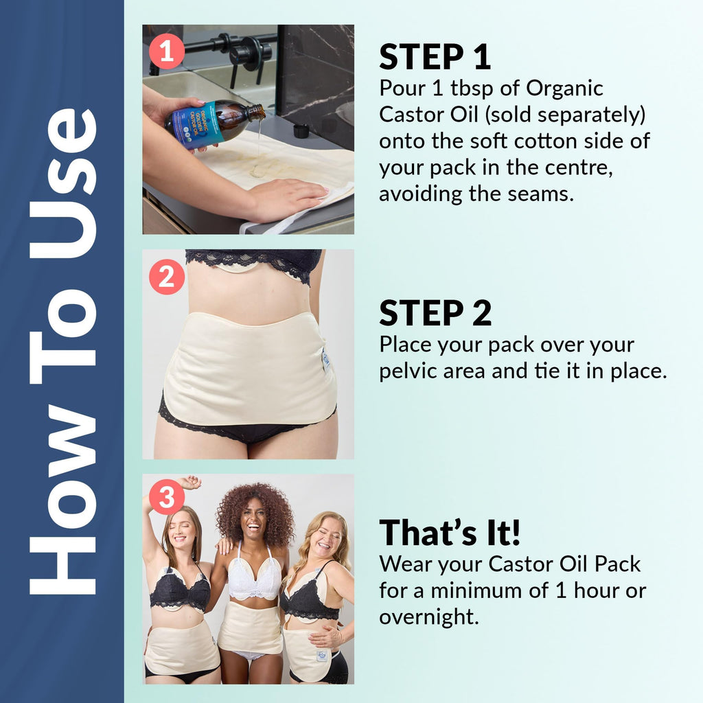 QUEEN OF THE THRONES Castor Oil Pack for Pelvic - Heatless, Less-Mess, Reusable - Organic Cotton Flannel, Comfort Fit, Soft Stra