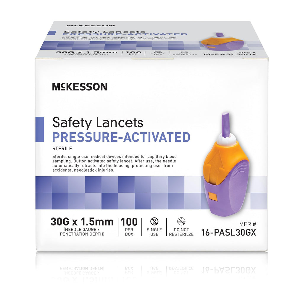 McKesson Safety Lancet, Retractable, Pressure-Activated Finger Device, Sterile - Ideal for Blood Testing - Single Use, 30 Gauge,
