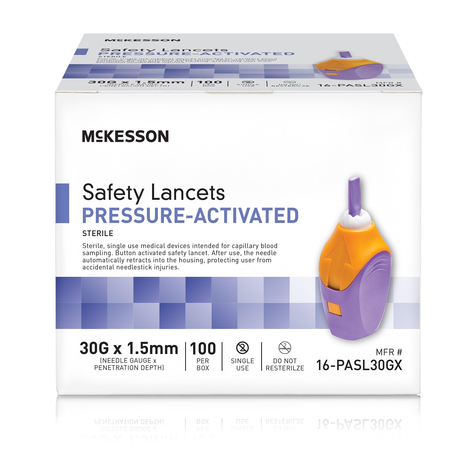 McKesson Safety Lancet, Retractable, Pressure-Activated Finger Device, Sterile - Ideal for Blood Testing - Single Use, 30 Gauge,