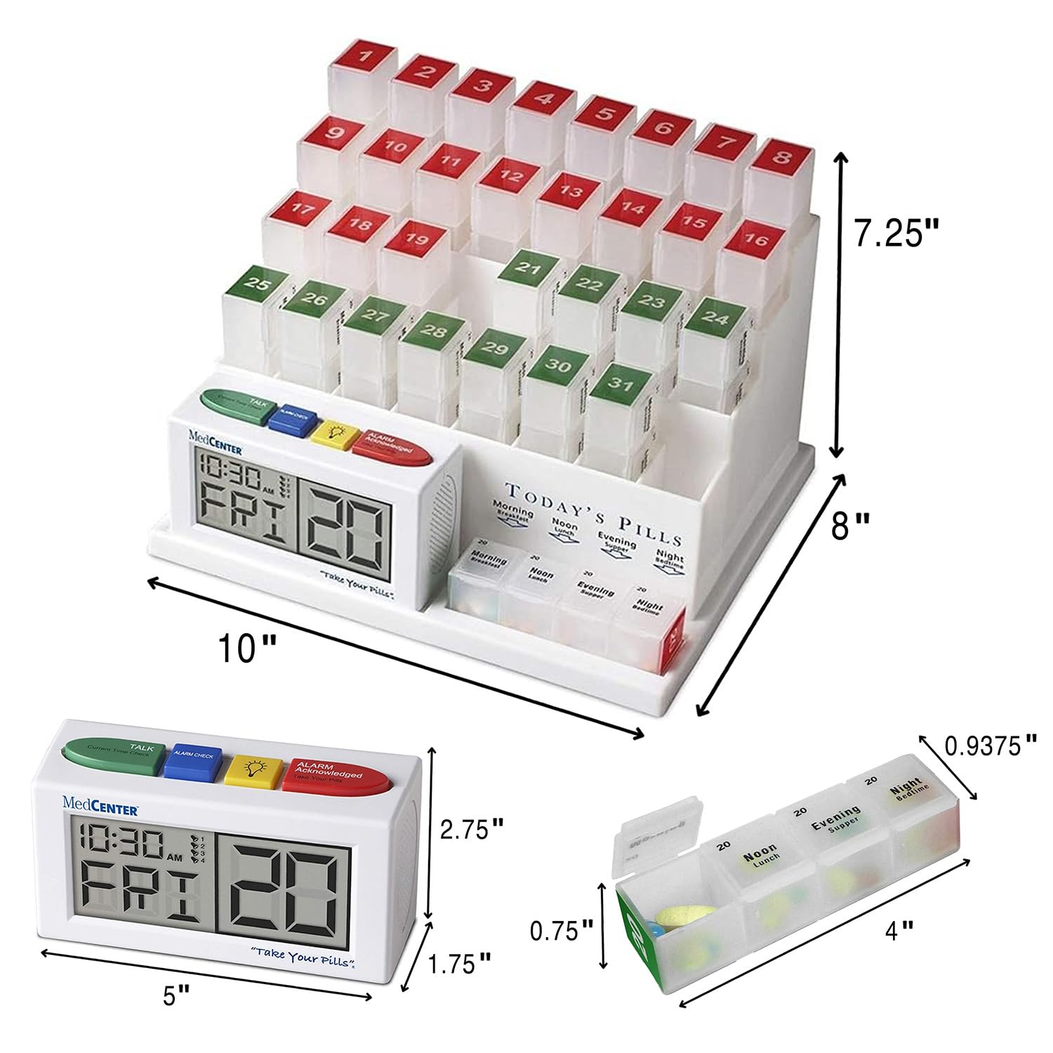Medcenter Monthly Pill Organizer System 4 Times a Day, 31 Day Pill Organizer Box, with Talking Alarm Clock Reminding System, Mon
