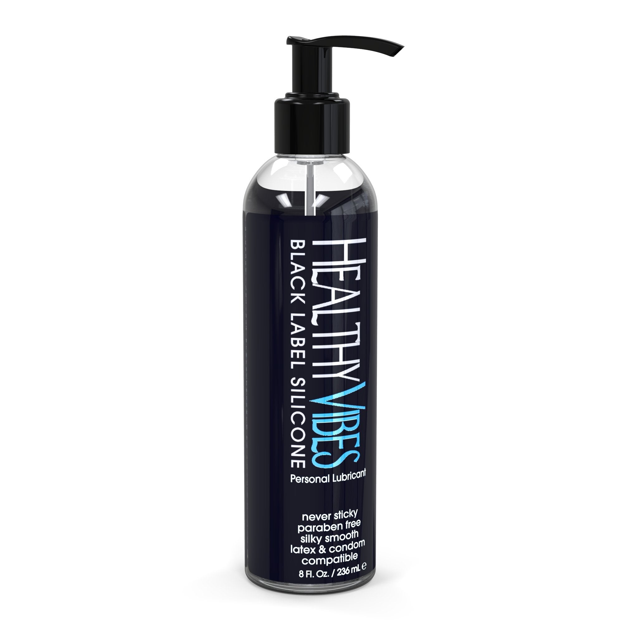 Healthy Vibes Black Label Silicone Personal Lubricant, 8 oz - Long Lasting, Easy to Clean, Water Resistant, Safe for Most Skin Types, Clear